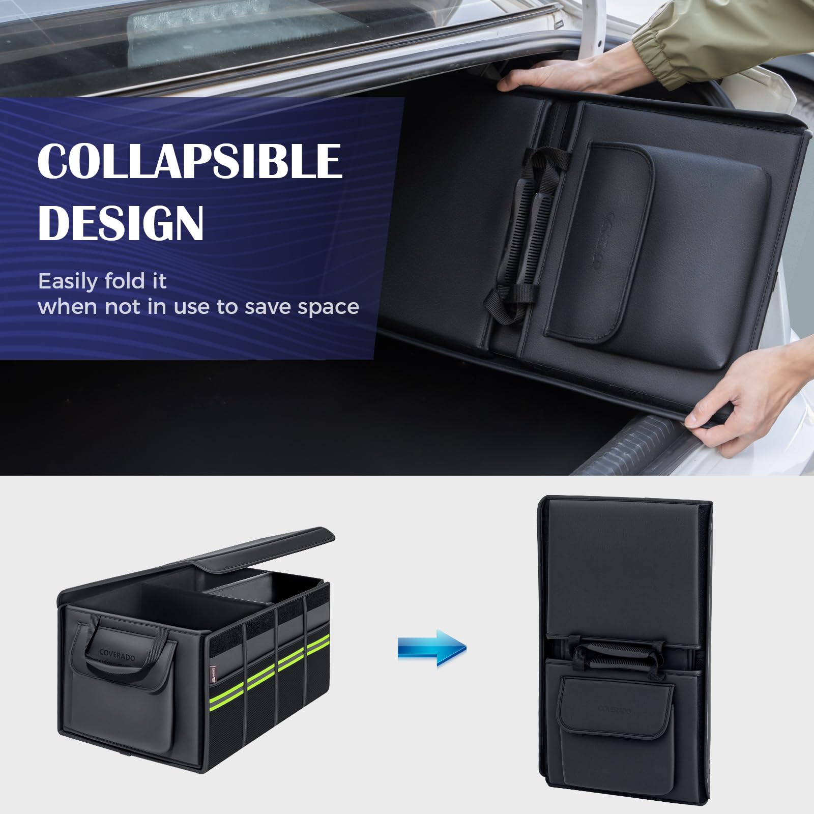 Coverado Organizador de Maletero Coche y SUV, Impermeable Bolsas para maletero de cuero napa, 70 L Plegable Caja maletero coche,Cubículo múltiple & Divisor, Fijar 2 correas