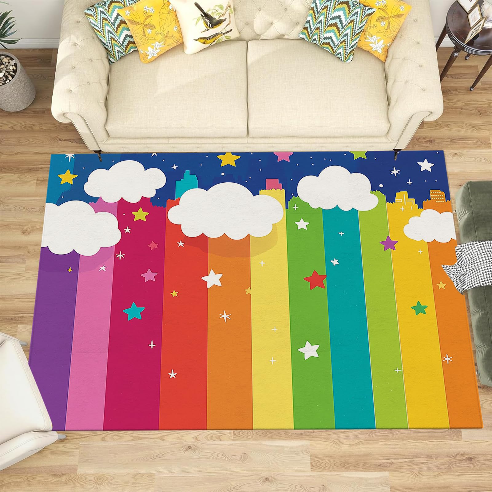 Kurzflor Kinderteppich für Jungen und Mädchen 140 x 200 cm Regenbogen - Wolken Streifen - Waschbarer Teppich Extra Weich und Antiallergen - Teppich Kinderzimmer, Babyzimmer und Spielzimmer