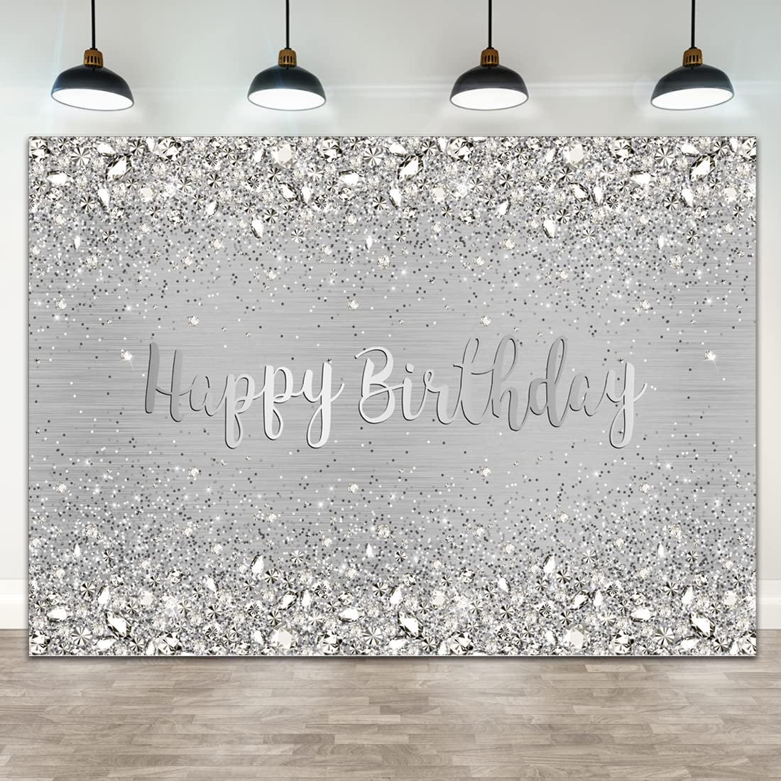 Wollmix Happy Birthday Backdrop Banner for Men 7x5ft Glitter Silver Diamonds Bday Photography Background Party Decoration Women Girls Cake Table Wall