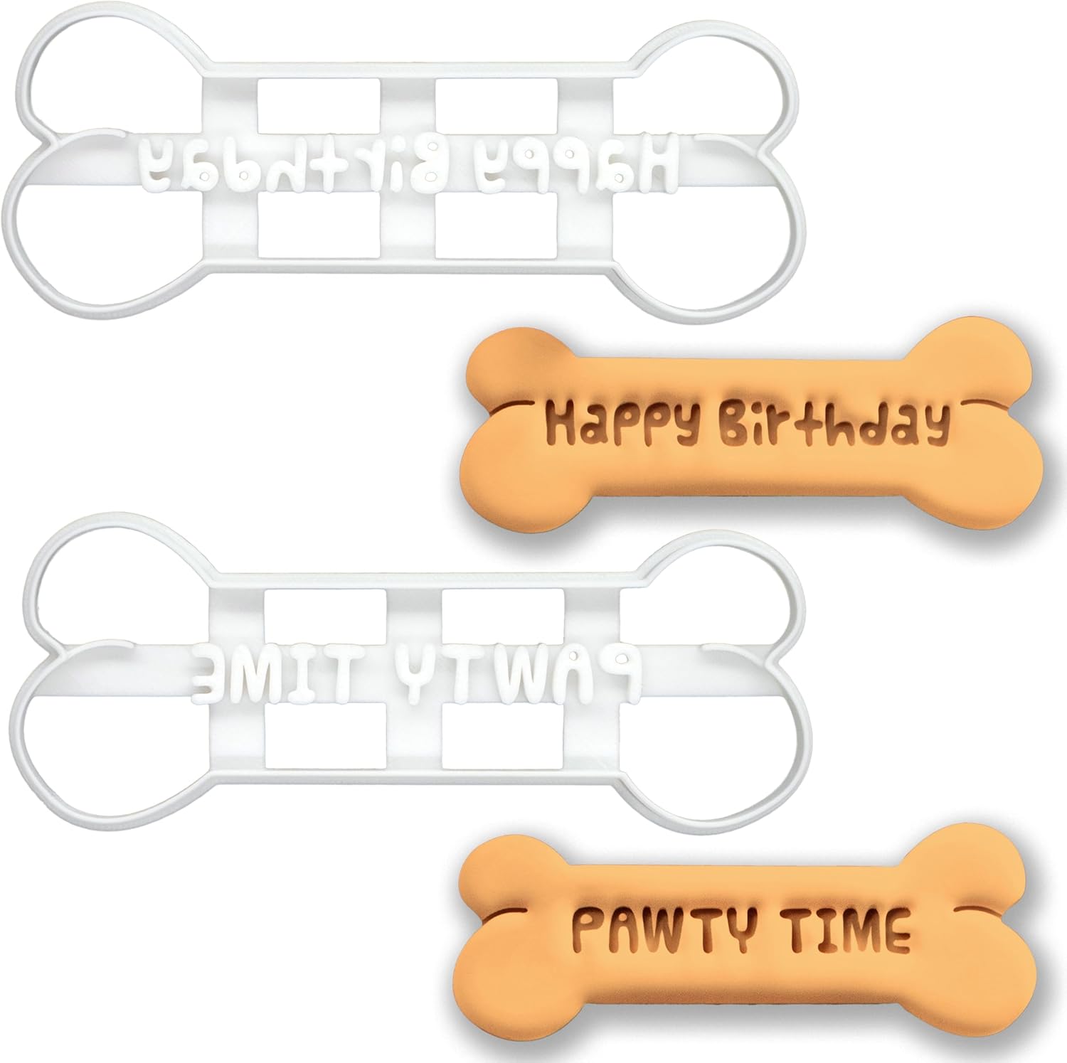 BAKERLOGY Set of 2 Dog Bone Cookie Cutters (Happy Birthday & PAWTY TIME) – Dog Bone Cookie Molds for Puppy Birthday Treats, Pet Party Baking & Celebration Crafts