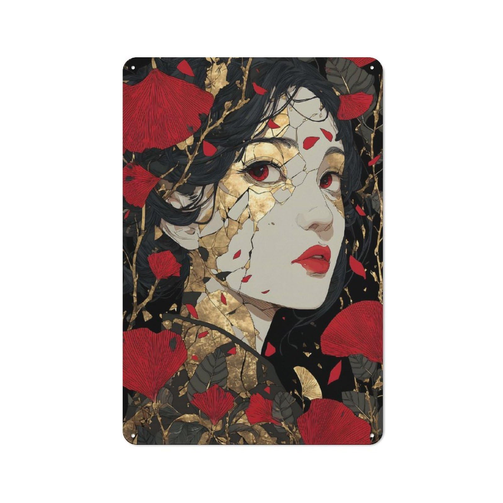 Kintsugi Japanese Woman Garage Metal Sign 30x20cm, Weathered Look Shed Wall Plaque for Garage, Workshop, Shed Or Utility Room