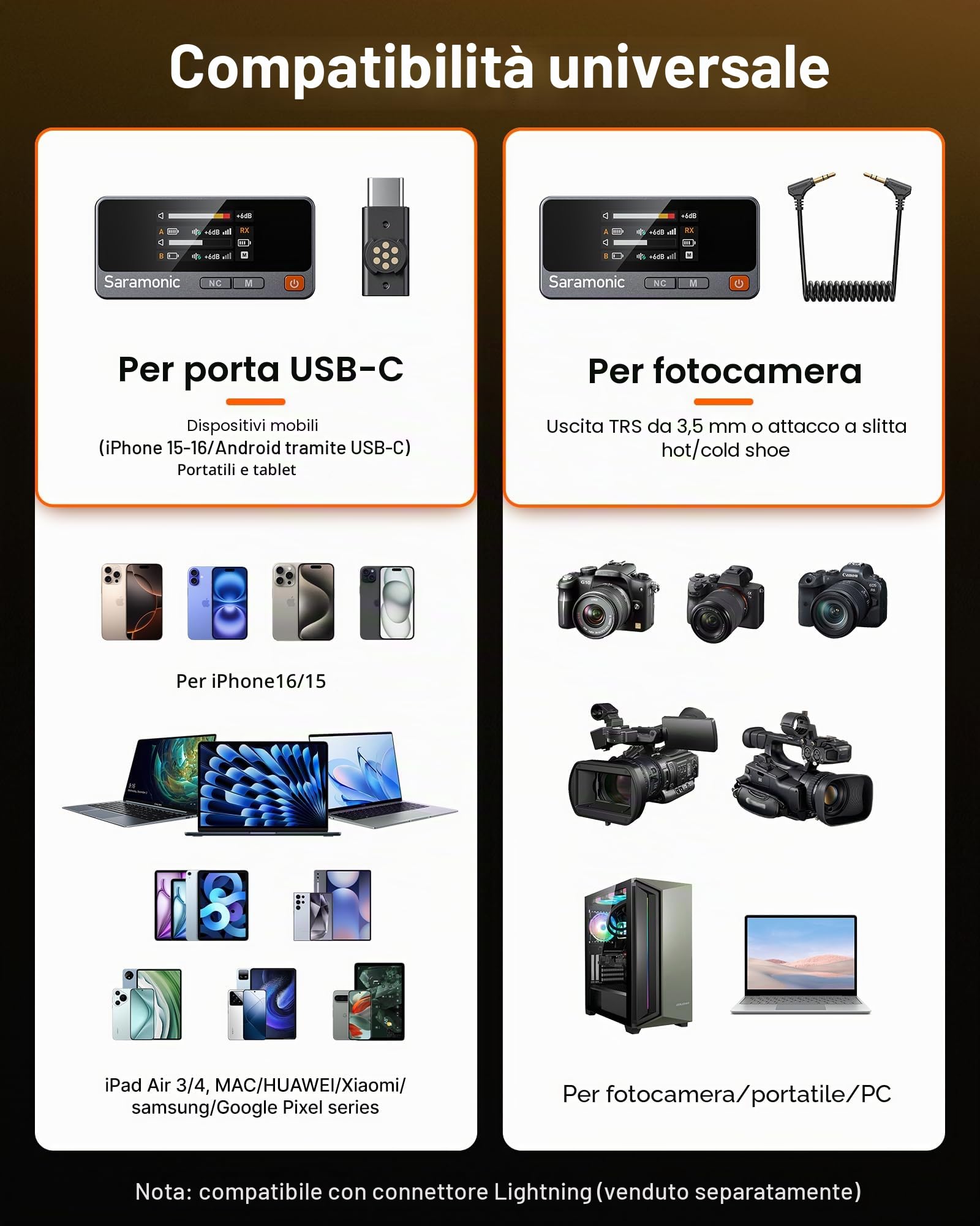 Saramonic Air Microfono Lavalier Wireless con Custodia di Ricarica, Microfono Esterno Ø9,7 mm, 48 kHz/24 Bit, 90 dB SNR, Mini Microfono a Clip USB-C per iPhone Serie 15/16
