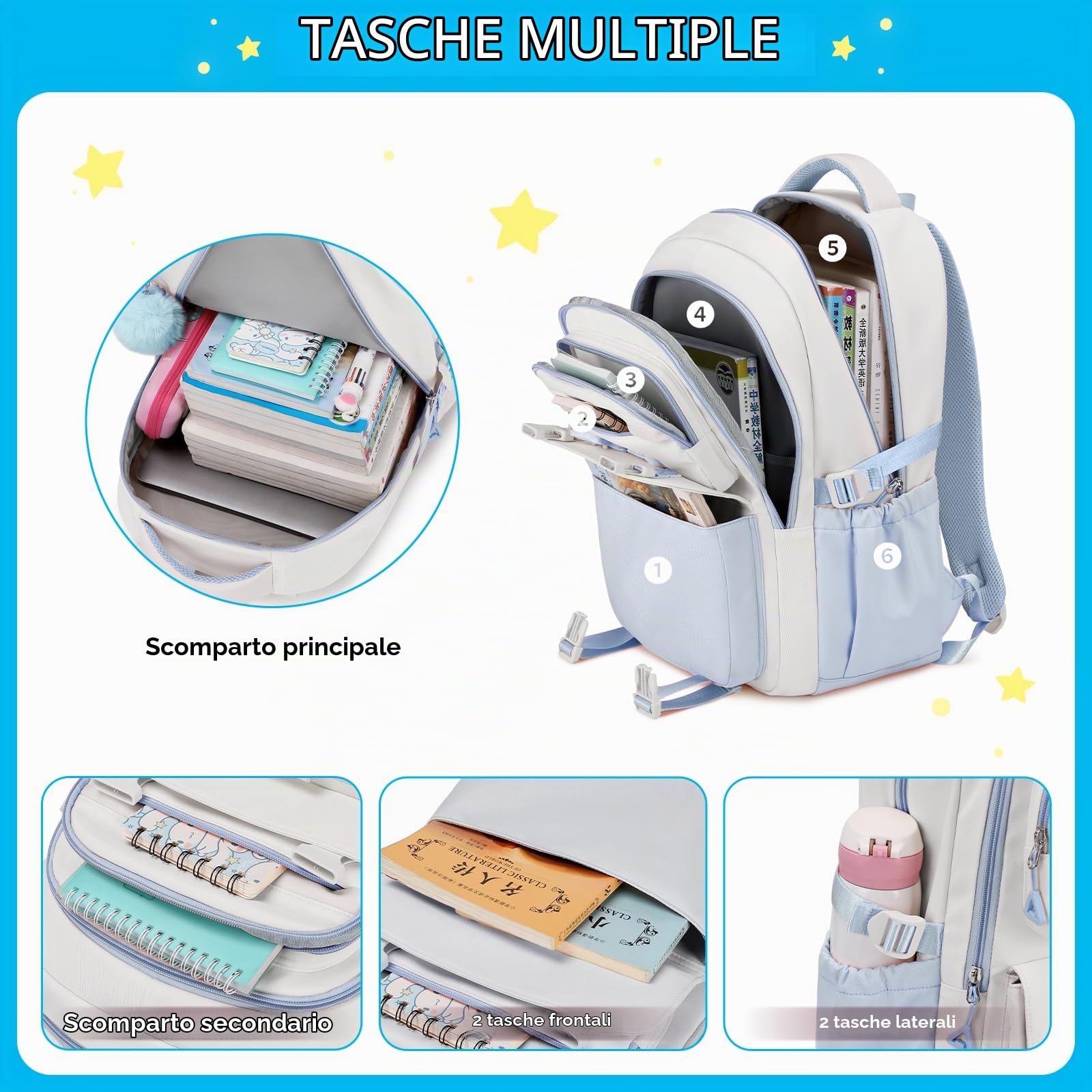 Amythe Zaino Ragazza Scuola Elementare Media Leggero con Ciondolo, Blu | Zaino Elementari Medie Grande Idrorepellente Casual per Bambini 9 a 14 anni, Adatto al Trolley, Ritorno a Scuola / Viaggio