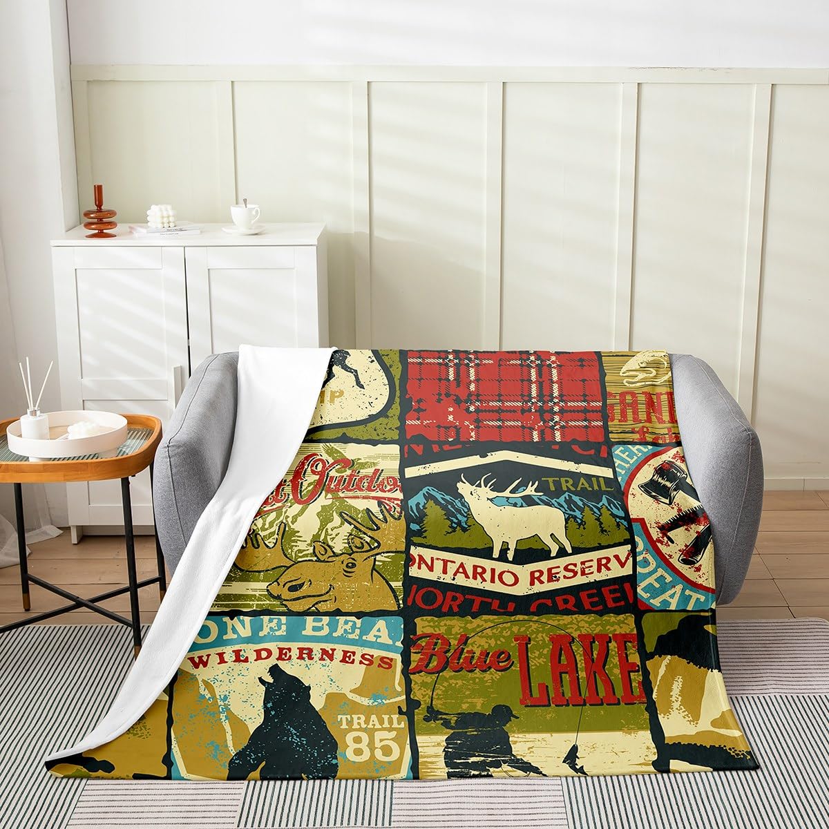 Bear Hunting Blanket for Bed & Sofa - Rustic Farmhouse Fleece, Vintage Woodland Moose Flannel, Retro Buffalo Plaid Fuzzy Blanket, Yellow Red, Twin Size