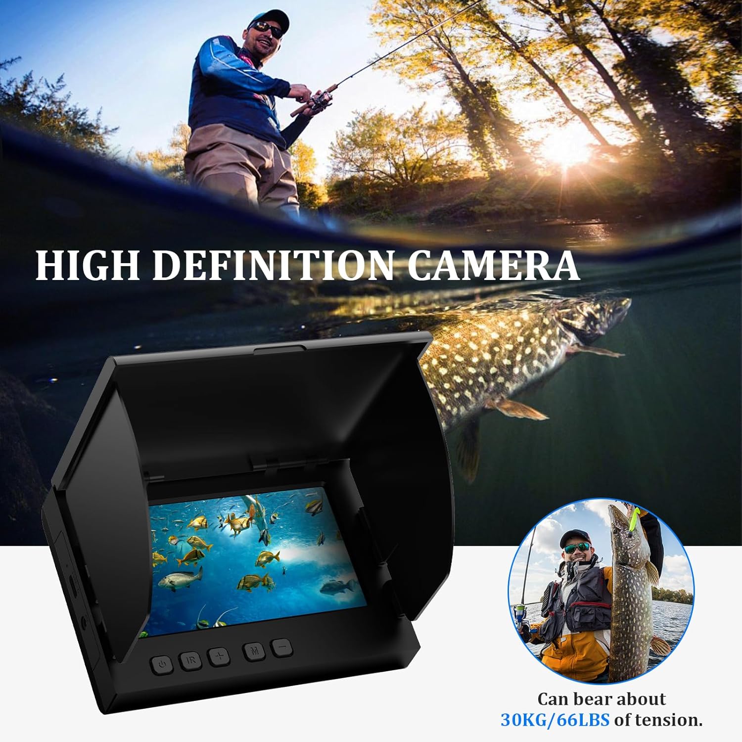 Underwater Fishing Camera, 4.3 Inch LCD, Infrared Night Vision, Wide Angle IP68 Waterproof Portable Fish Camera for Ice, Lake, Boat & Kayak Fishing (Black)