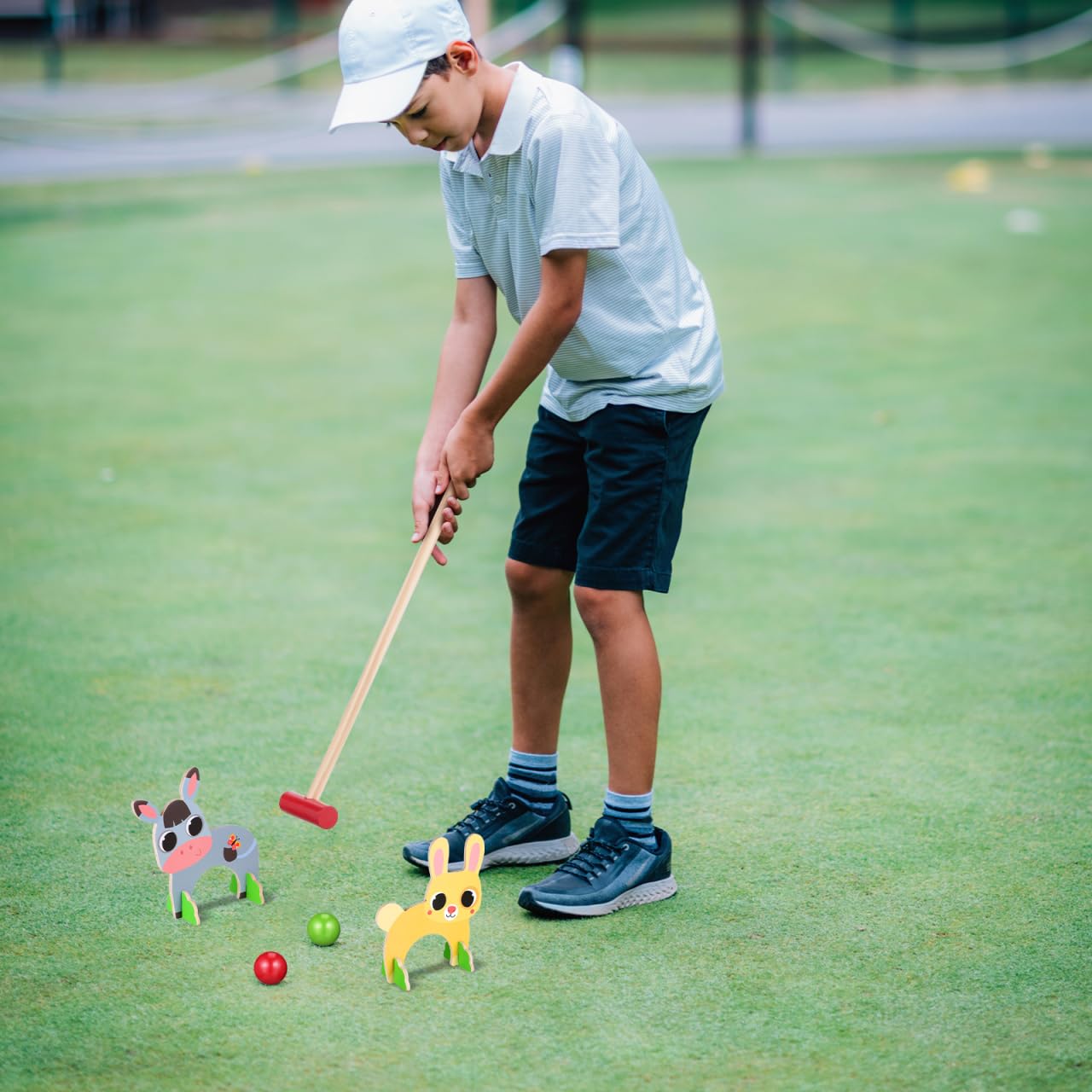 Housoutil Lustiges Tier-Gateball-Set, Krocket-Set aus Holz mit Tiermotiven, Pädagogisches Sport-Spielzeug mit Golfschlägern Und Krocketbällen, für Den Vorschulbereich im Freien