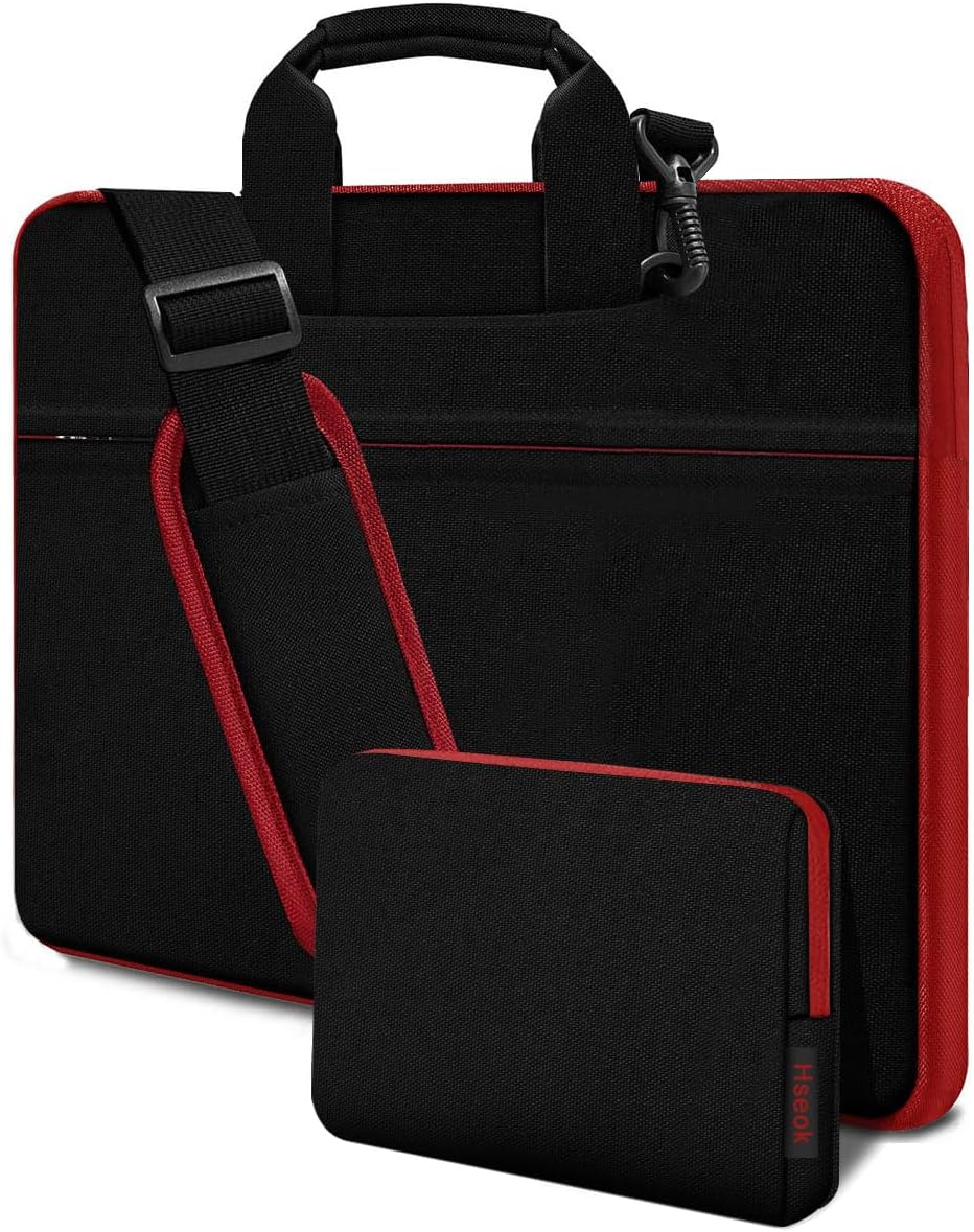 Hseok Laptop Shoulder Bag 17-17.3 inch Case, Durable Shockproof Protective Briefcase with Multi-Pockets Compatible with Lenovo Most 17-17.3 inch HP Acer Dell ASUS MSI Notebooks,Black-red
