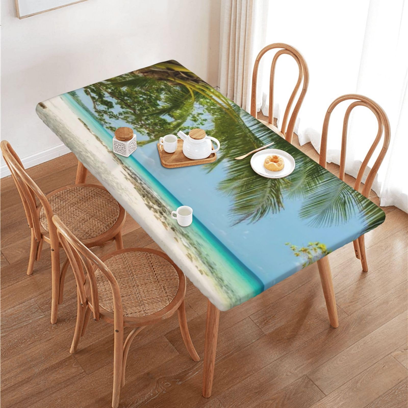 Bictucem Rectangle Elastic Edge Fitted Tablecloth, 6 ft-(30" x 72"), Beach Sand Leaves Polyester Table Cover, for Outdoor Patio and Indoor Kitchen