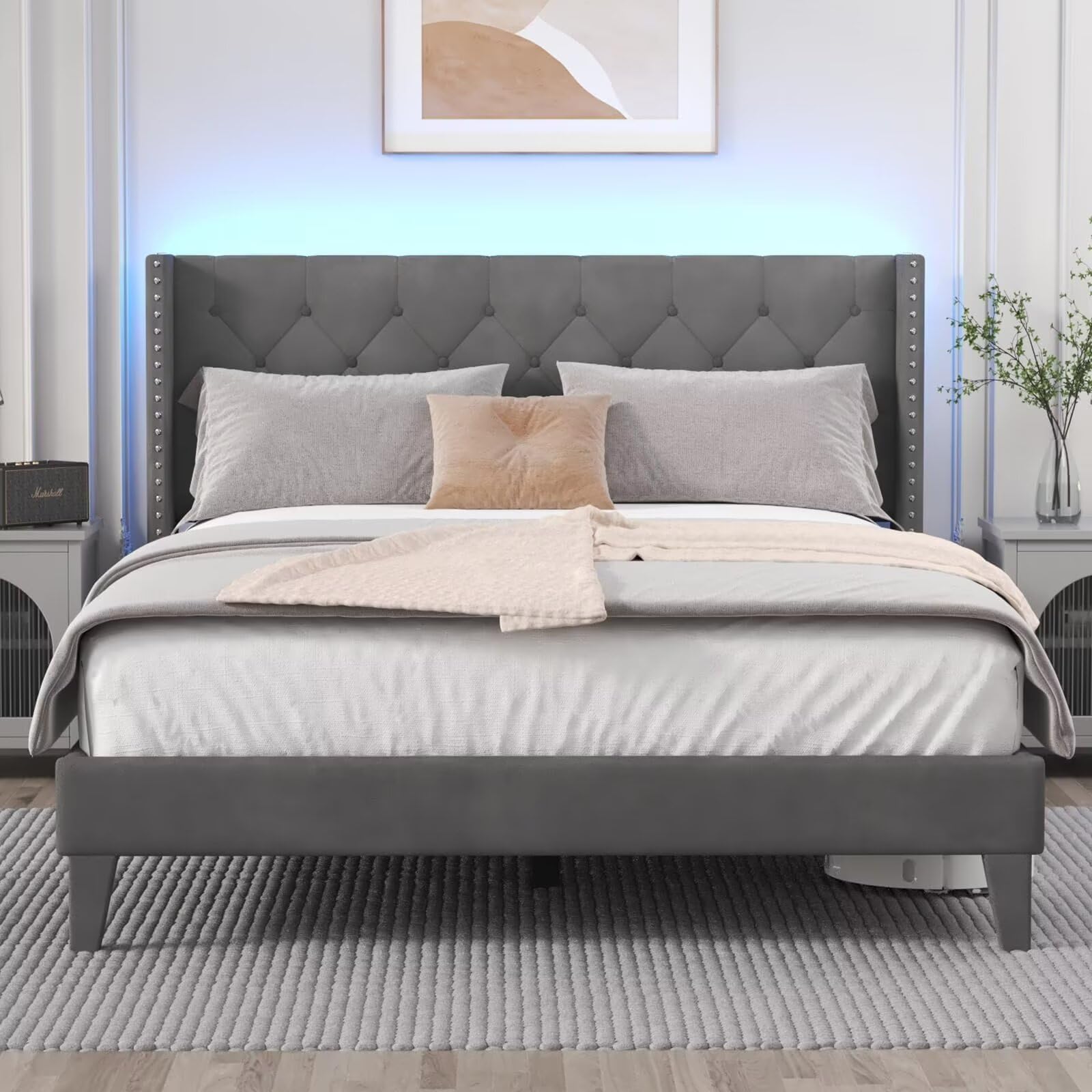 DOGIBIXO Queen Size Bed Frame with LED Lights, Upholstered Bed Frame with Wingback Diamond Tufted Headboard, Wood Slats Support, Noise-Free, Easy Assembly, No Box Spring Needed, Dark Grey