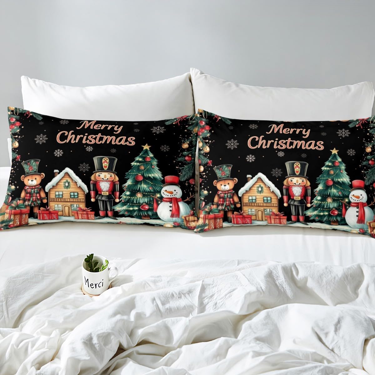 Cartoon Soldier Duvet Cover Set Toddler Size Christmas Snowman Bear Bedding Set for Kids Girls Boys Teens Xmas Berry Leaves Comforter Cover Farmhouse Cabin Quilt Cover,1 Pillowcase(No Comforter)