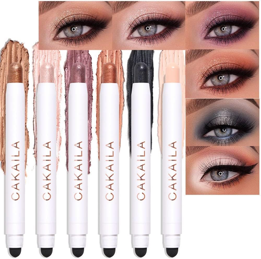 6 Pcs Eye Shadow Stick Makeup Set Waterproof Cream Eye Shadow Pencil Eyeliner Crayon Set for Eyes White Brown Gold Pink Dark Purple Bronzer Black Shimmer Eye Brightener Stick Highlighter(Set 2)