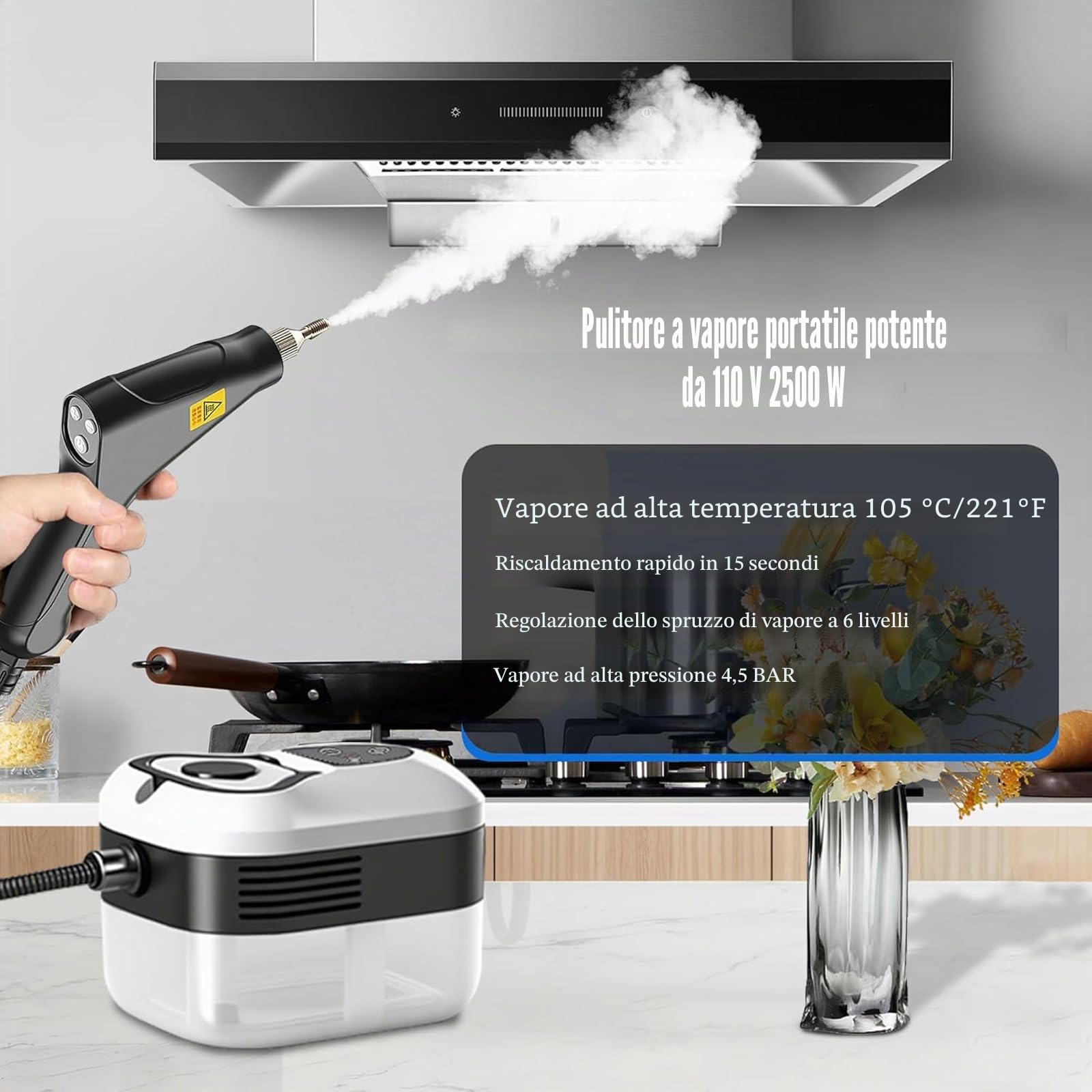Potente pulitore a vapore portatile da 2500 W, riscaldamento rapido in 15 secondi e vapore ad alta pressione, 6 livelli regolabili per una pulizia profonda su pavimenti, cucina, bagno, auto, fughe