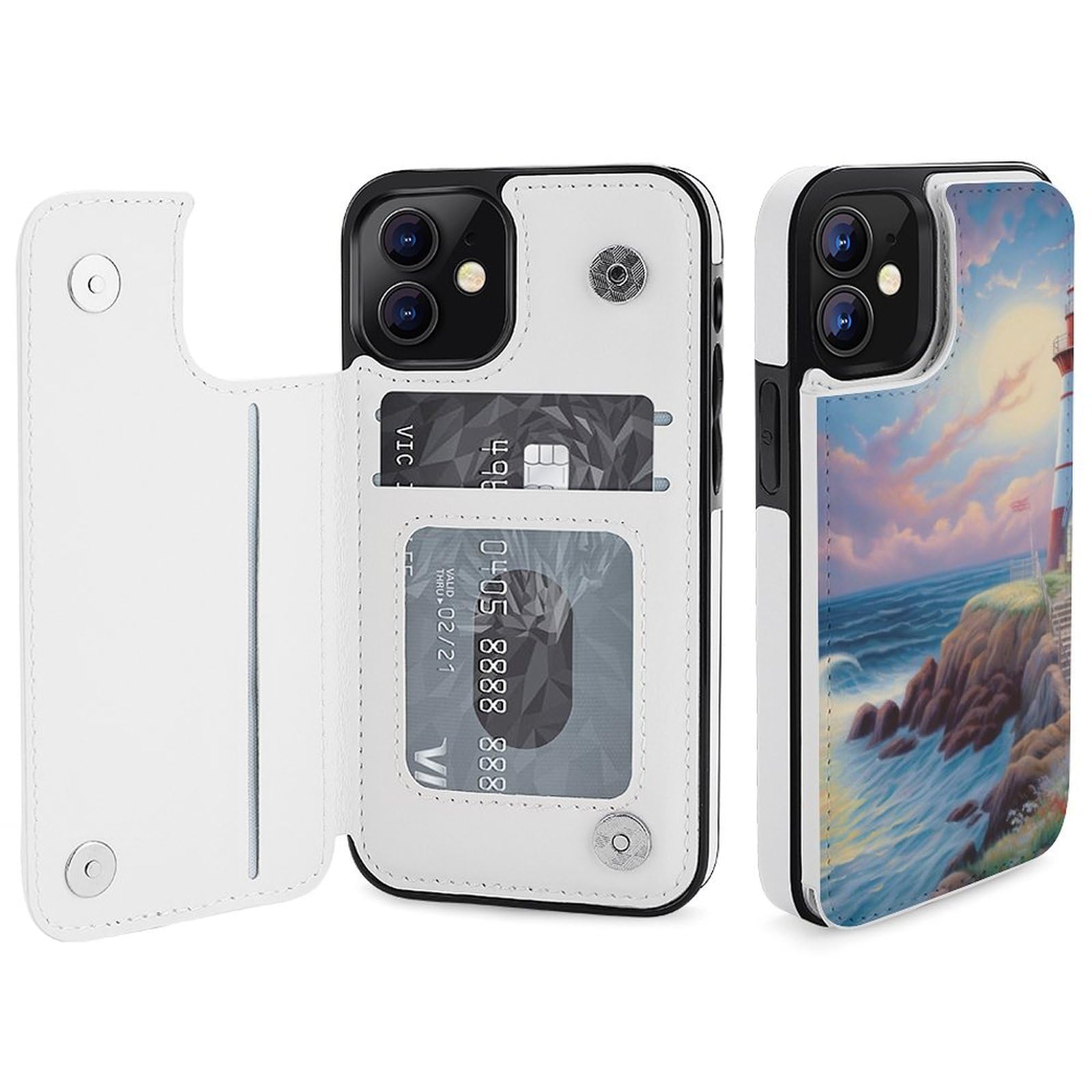 Funda tipo cartera para iPhone 12, diseño de faro con estampado de diamantes, funda de piel con ranuras para tarjetas