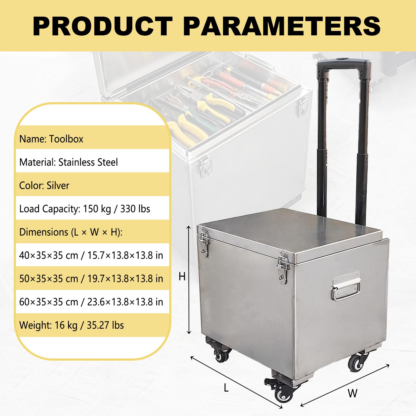 Mobiler Werkzeugwagen aus Edelstahl, 150 kg Tragkraft, große Aufbewahrungsbox mit oberer Ablage für Handwerkzeuge und Hardware, Maße 50 x 35 x 35 cm