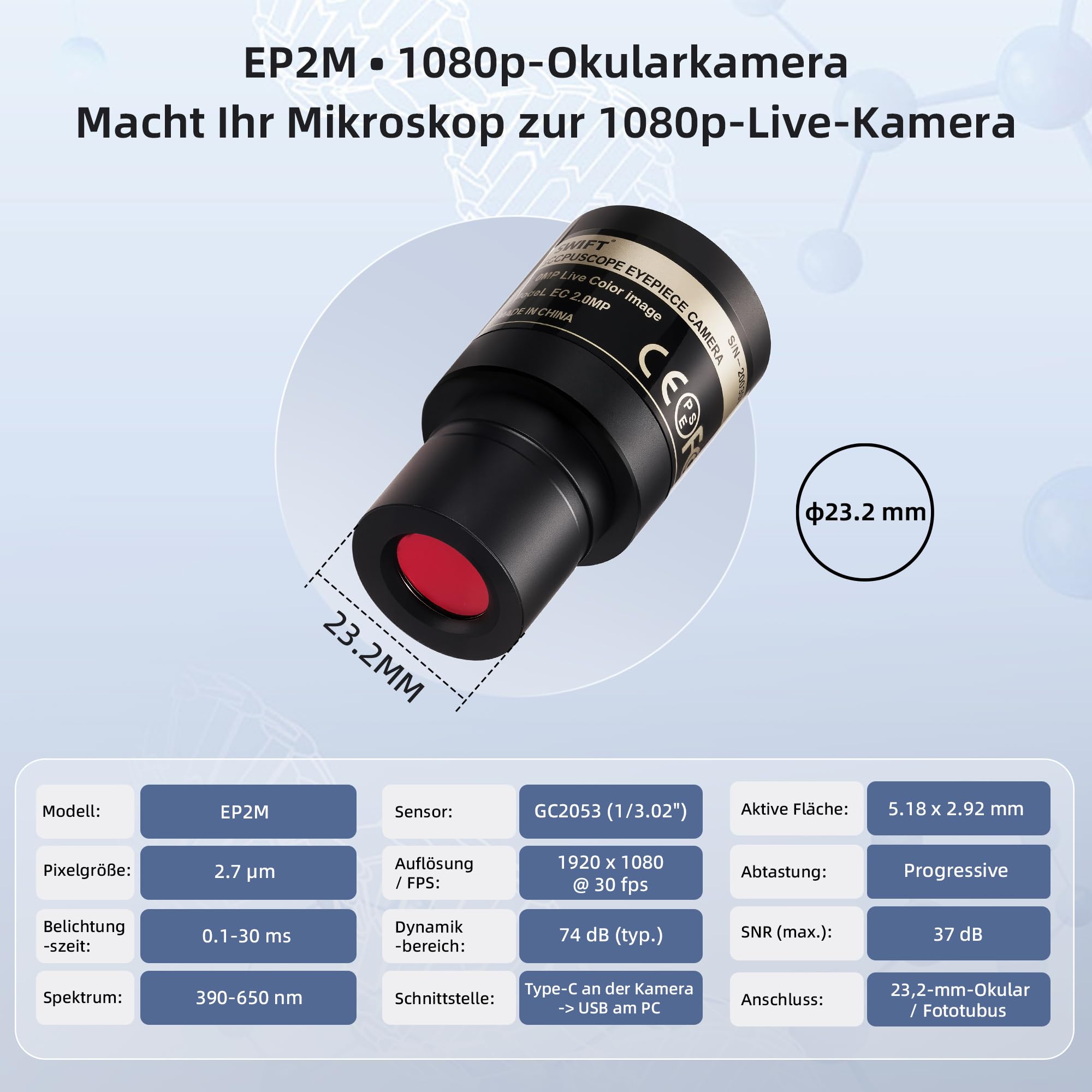SWIFT EP2M 2-MP 1080p fotocamera oculare USB microscopio per tubi oculari e trinoculari da 23,2 mm, compatibile con Windows 7-11 e macOS, S-Viewer per misurare e annotare