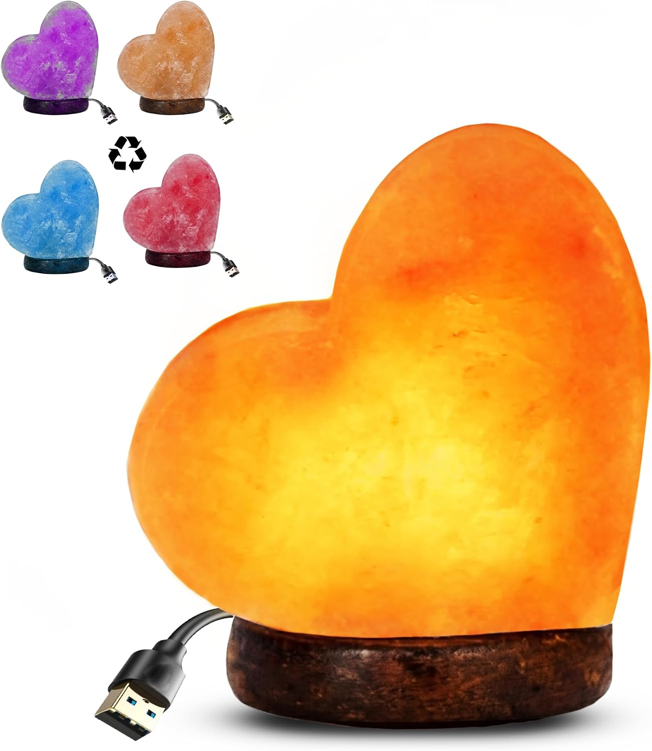 Mini Heart Shaped Himalayan Salt Lamp – 4" RGB Color Changing Night Light – 1.5 lbs Small Hand-Carved Rock Salt Table Lamp with USB Power & Wood Base – Cute Wellness Gift for Office, Bedroom & Desk