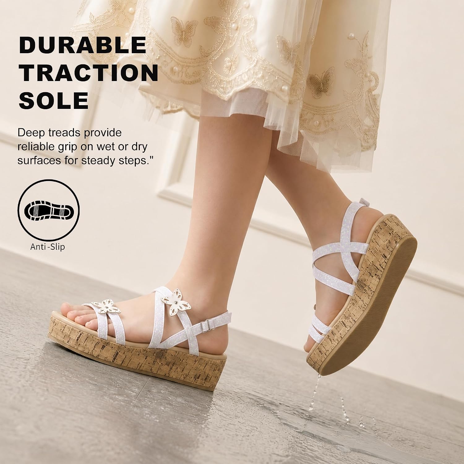 shoeslocker Girls Sandals Platform Wedge Open Toe Summer Shoes Little Big Kid Flower Girl Heels Dress Shoes