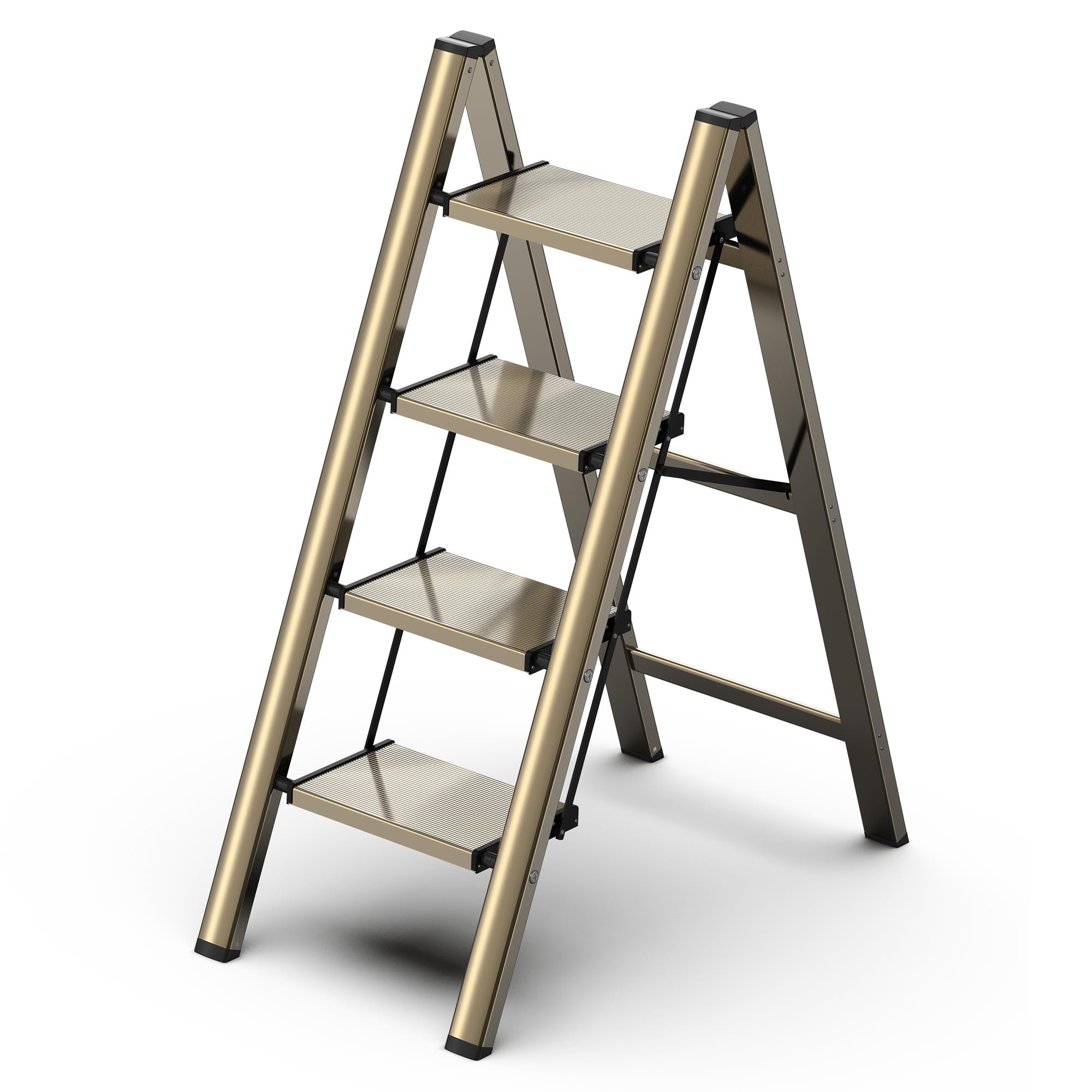 GameGem 4 Step Ladder, Folding Step Stool with Anti-Slip Wide Pedal, Aluminum Material Lightweight yet Sturdy, 150 KG Load, Cute Modern Apperance for Indoor Household Spaces, Champagne Gold