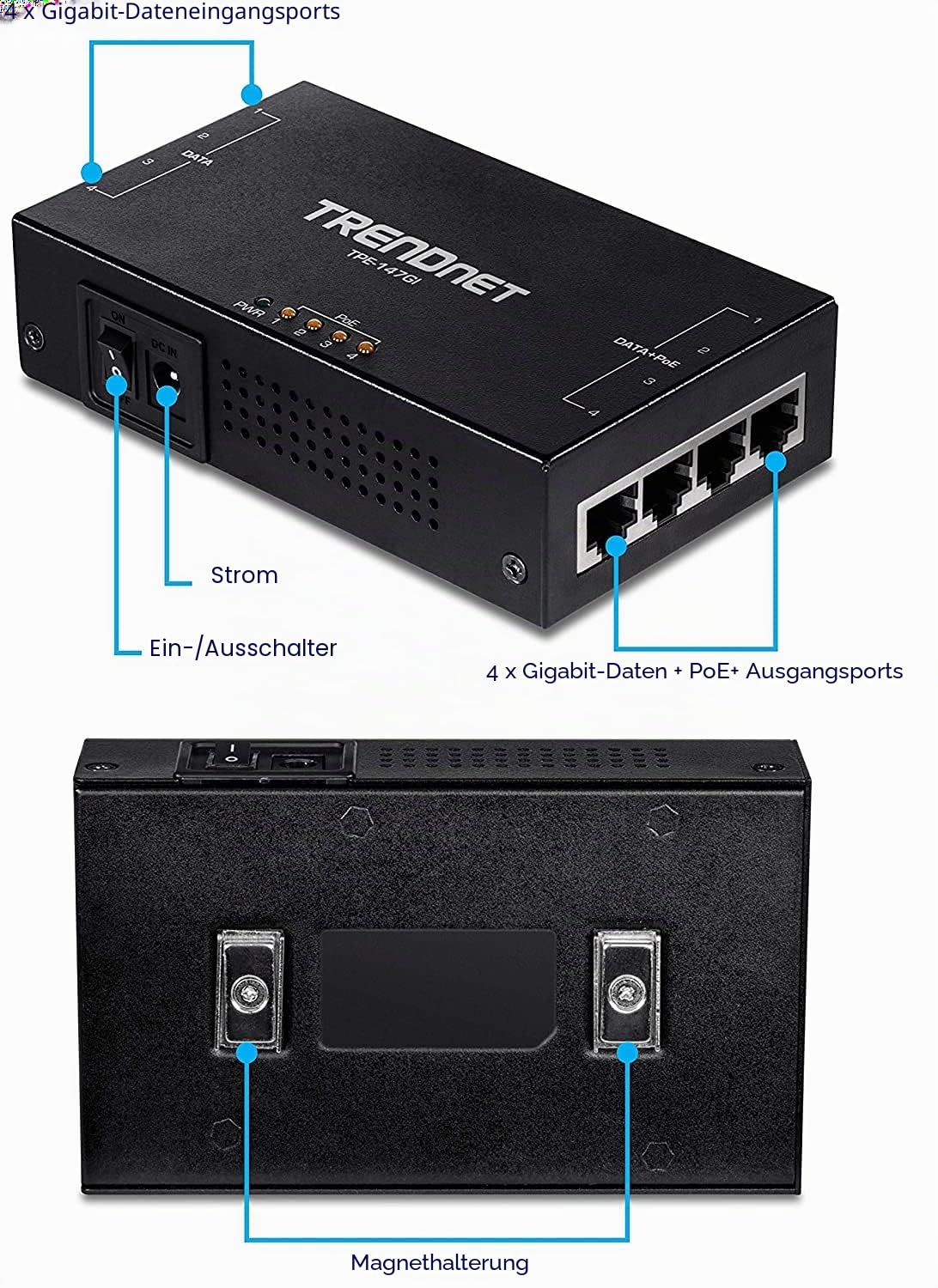 TRENDnet, TPE-147GI, 65W 4-Port Gigabit PoE + Injektor, 4 x Gigabit Ports (Dateneingang), 4 x Gigabit PoE Ports (Daten + PoE Ausgang), Multi-Port PoE + Injektor bis 100 m (328 ft)