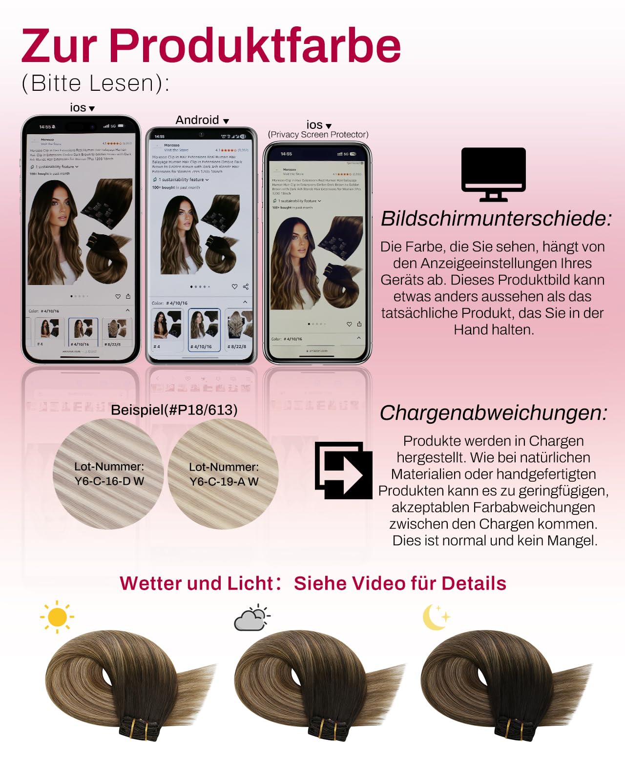 Moresoo Clip in Extensions Echthaar, Salon Qualität Weiches Glattes Haar 35 cm 5 Stück 80g Echthaar Extensions Clip in #4/10/16 Braun zu Braun mit Blond, Leicht zu Tragen Solide und Langlebig 14 Zoll