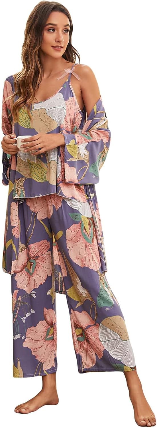 wdirara women's 3 pcs sleepwear leaf print cami and pants pajama set with robe x-small a purple floral