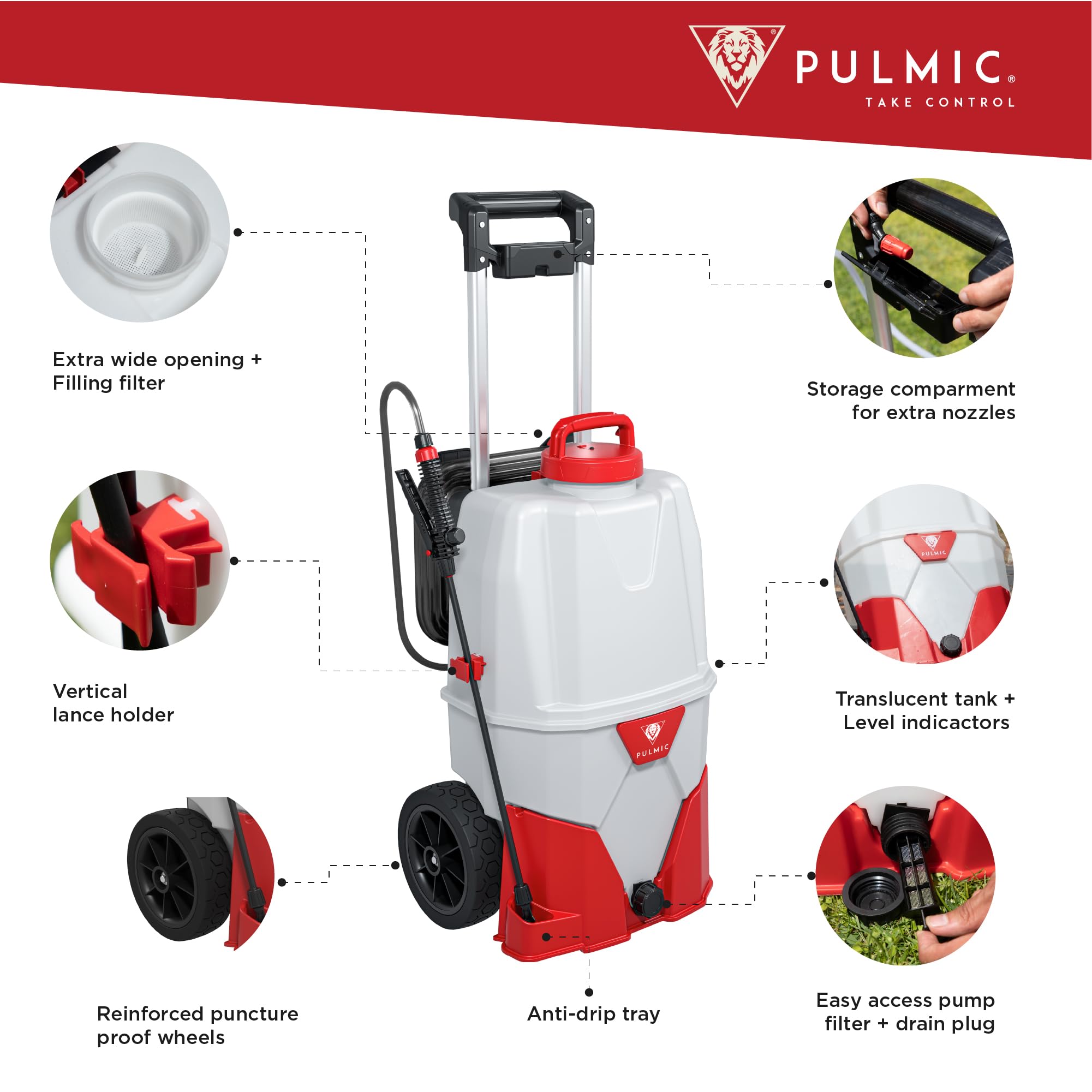 Pulverizador Eléctrico con Ruedas PULMIC Pegasus 35L. 3 Velocidades de Pulverización hasta 4 Bar, 7 Horas de Autonomía y Manguera de 6M. Bateria de Litio 18V. Fumigadora Pulverizador.PULMIC