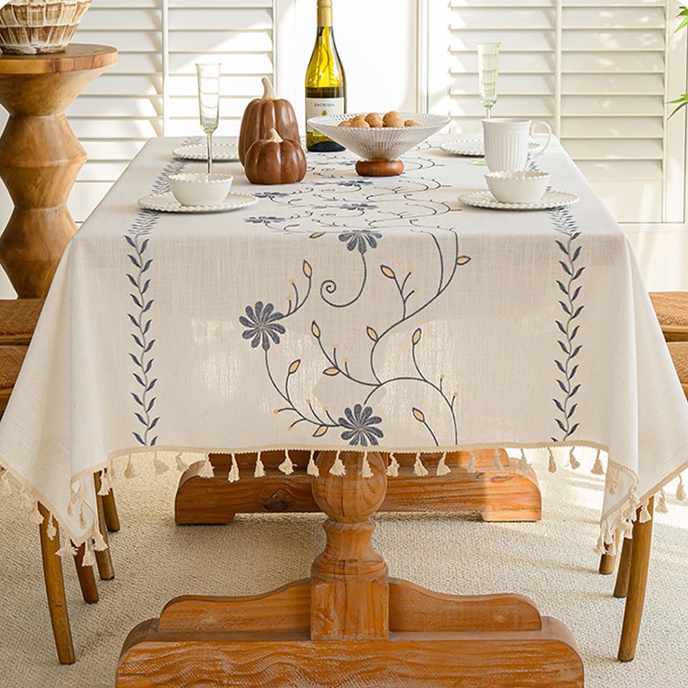 Lifetooler Rechthoekig tafelkleed, vlekbestendig, katoen, linnen, wasbaar, met kwastjes, elegante stijl voor keukendecoratie, buffet (140 x 300 cm