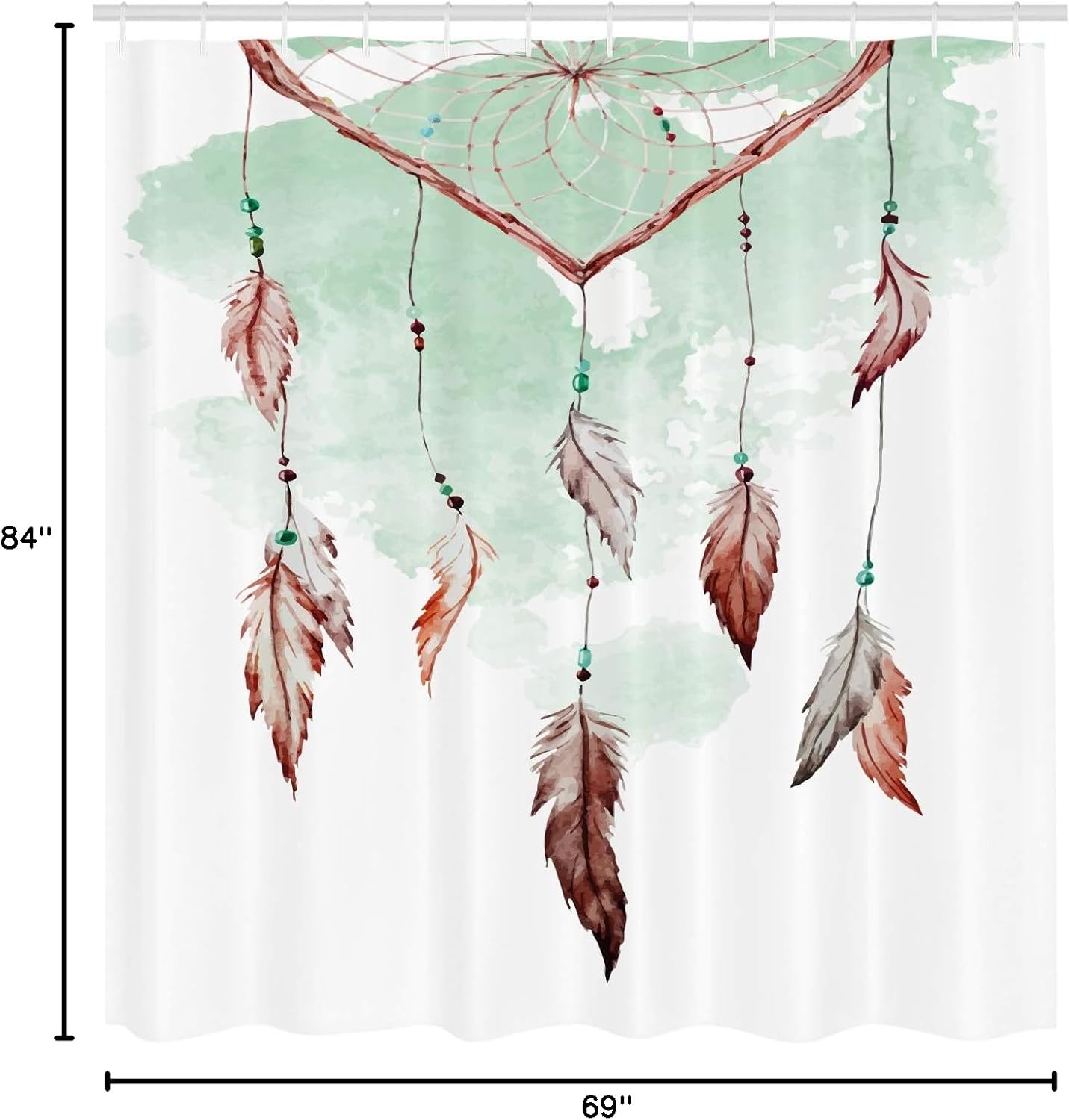 Ambesonne Feather Shower Curtain, Watercolor Vibrant Dream Catcher Ornamental Elements Traditional Design, Cloth Fabric Bathroom Decor Set with Hooks, 69" W x 84" L, Mint Green Brown