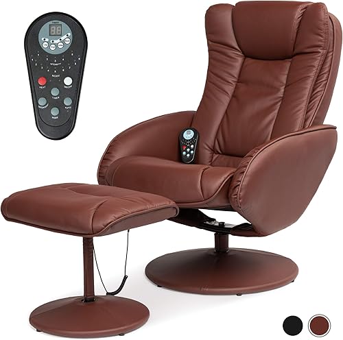 BCP, juego de muebles, otomana y sillón reclinable de piel, para masajes, con doble acolchado, control remoto, color negro., Cuero sintético, Marrón