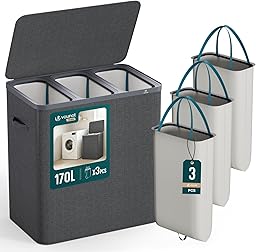VOUNOT® Cesto Portabiancheria 170L Rettangolare a 3 Scomparti con Coperchio, Cesto Biancheria Grande Capacità con 3 Sacchi Rimovibili Autoportante e Manici, per Bagno, Camera e Lavanderia, Antracite