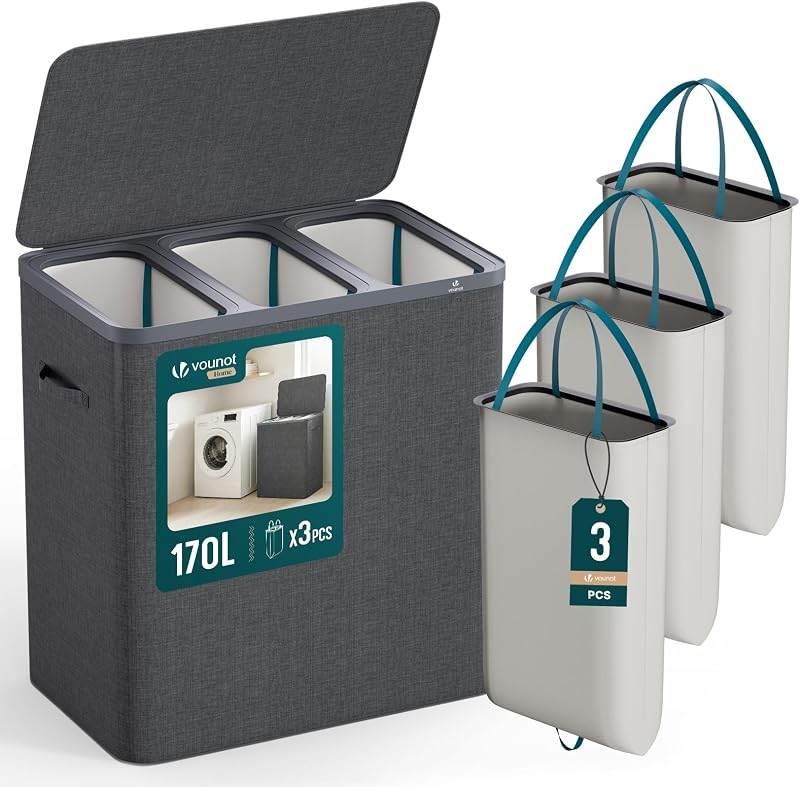 VOUNOT® Cesto Portabiancheria 170L Rettangolare a 3 Scomparti con Coperchio, Cesto Biancheria Grande Capacità con 3 Sacchi Rimovibili Autoportante e Manici, per Bagno, Camera e Lavanderia, Antracite