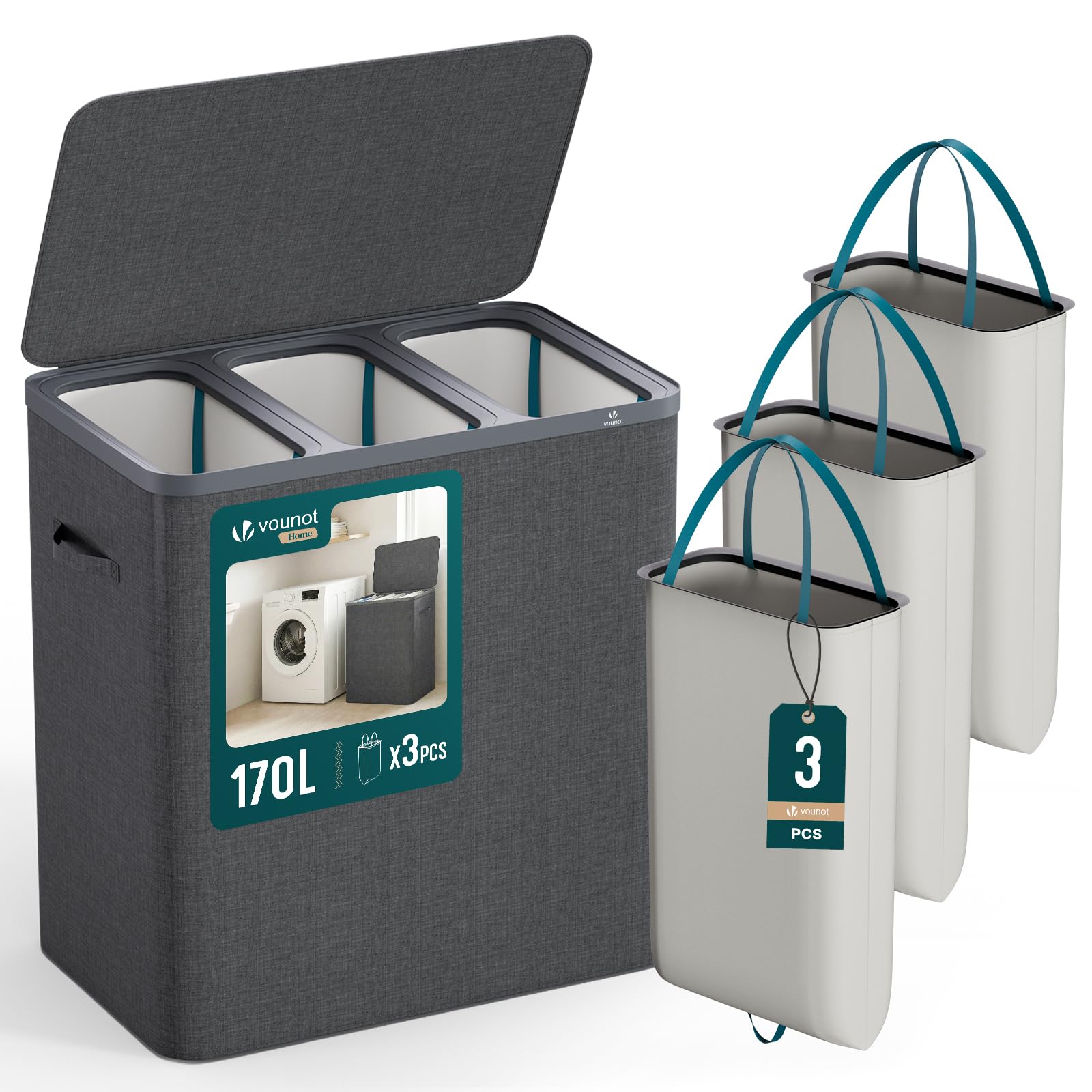 VOUNOT® Cesto Portabiancheria 170L Rettangolare a 3 Scomparti con Coperchio, Cesto Biancheria Grande Capacità con 3 Sacchi Rimovibili Autoportante e Manici, per Bagno, Camera e Lavanderia, Antracite