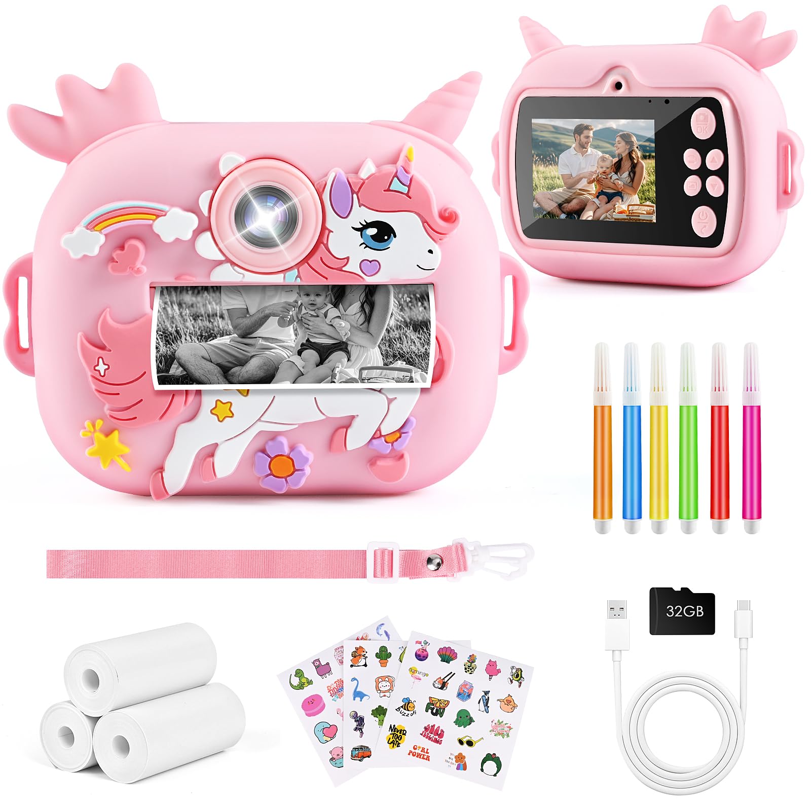 Euakee Camara Fotos Infantil Instantanea, 2.4'' Pantalla Cámara de Fotos Instantánea para Niños con Tarjeta de 32G, Papel Fotográfico Impreso y Bolígrafos de Colores, Regalo para Niños de 3 a 12 Años