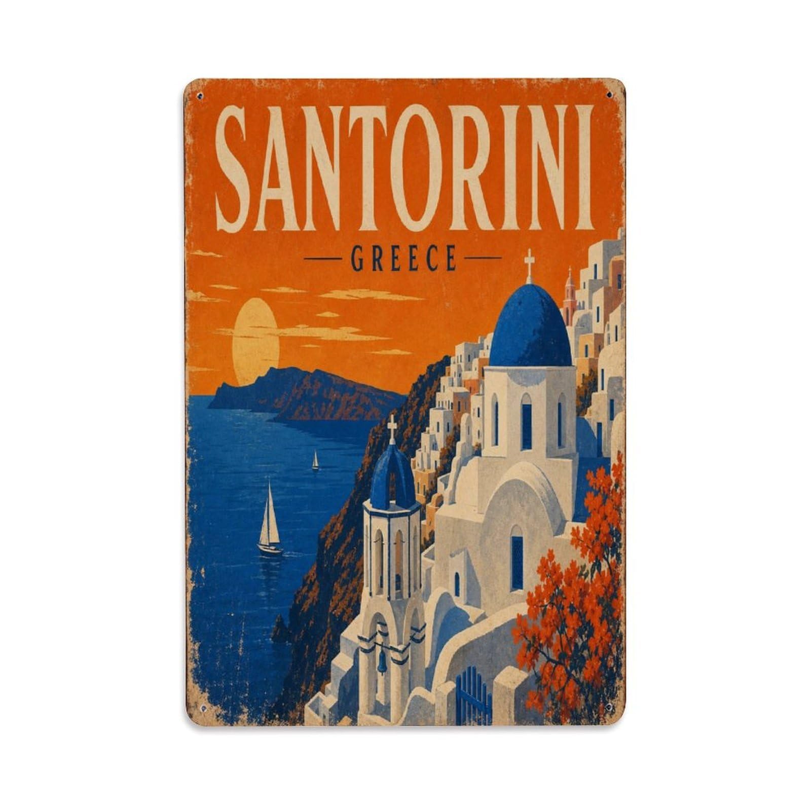 Santorini Greece Aegean Retro Heritage Journey Metal Tin Sign Plaque Wall Decor for Cafe, Man Cave, Club Bar, Office, Home Garden Round Metal Poster 8x12Inch
