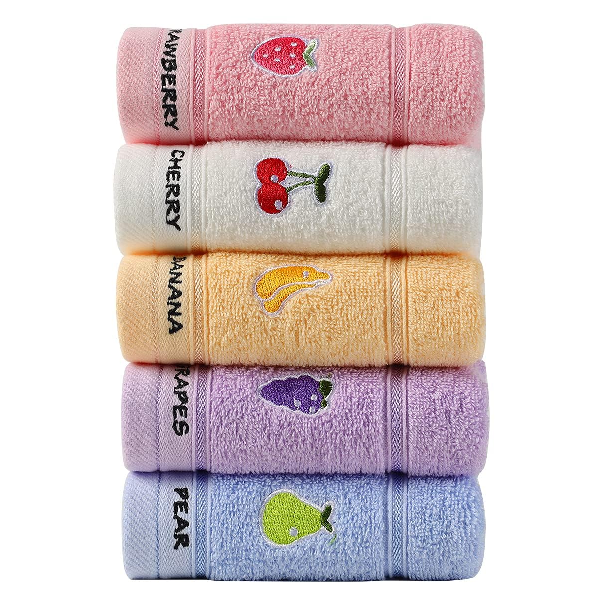 Azonee Kids Facial Towels, 100% Cotton Hand Towels and Fingertip Towels Set for Bathroom, Embroidered Cute Animal Pattern, Children Washcloths, 10 x 20 inches