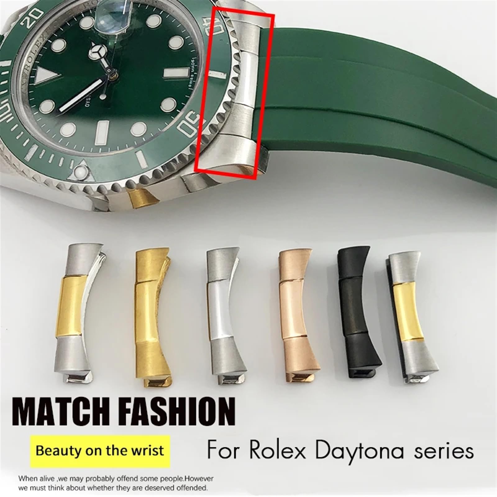 Collegamento con estremità curva 20mm 21mm per Rolex Submariner GMT Daytona Cinturino in acciaio inossidabile Sezione cinturino in caucciù Accessori per orologi