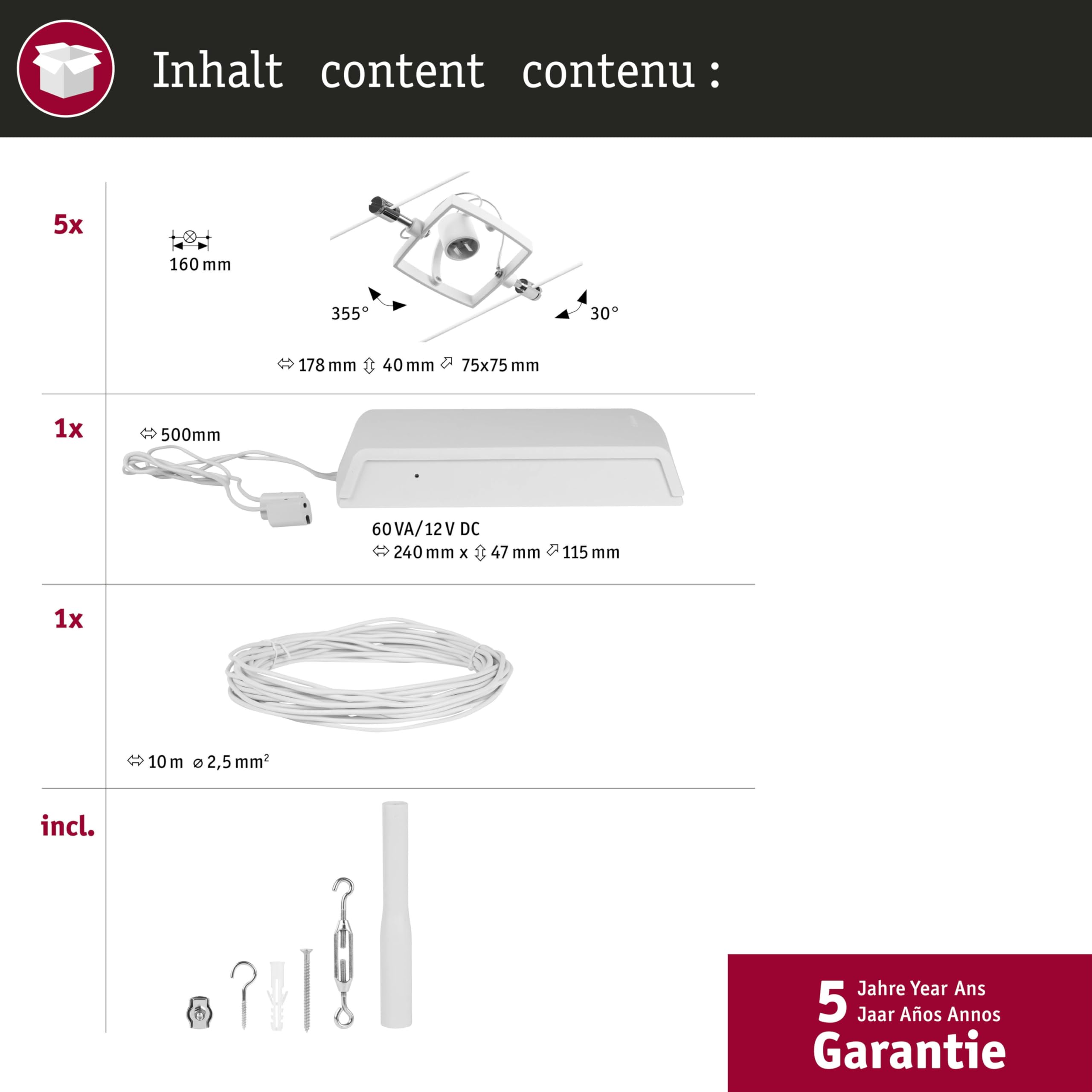 Paulmann CorDuo, sistema di cavi per faretti, 94432, set Mac II, massima CC 5 pezzi da 10 Watt l’uno, estensibile, bianco, opaco, cavi in plastica, GU 5,3, senza lampadine
