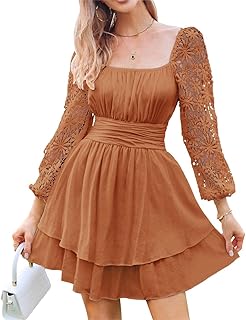 Sponsored Ad - Byinns Women's Lace Long Puff Sleeve Mini Dress Square Neck Tie Back Layered Swing Dress Cute Cocktail Wedd...