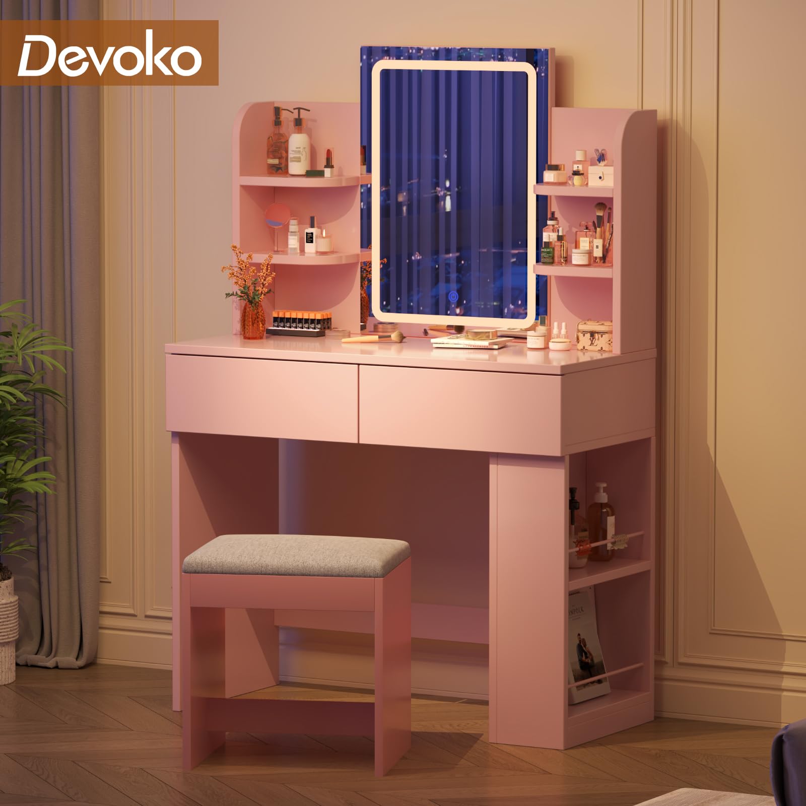 Devoko Tocador de Maquillaje con Taburete y Luces LED, Brillo Ajustable, Mesa de Maquillaje con Espejo, con 2 Cajones Grandes y 4 Estantes Abiertos y Taquilla Lateral, Vanity Moderno, Rosa