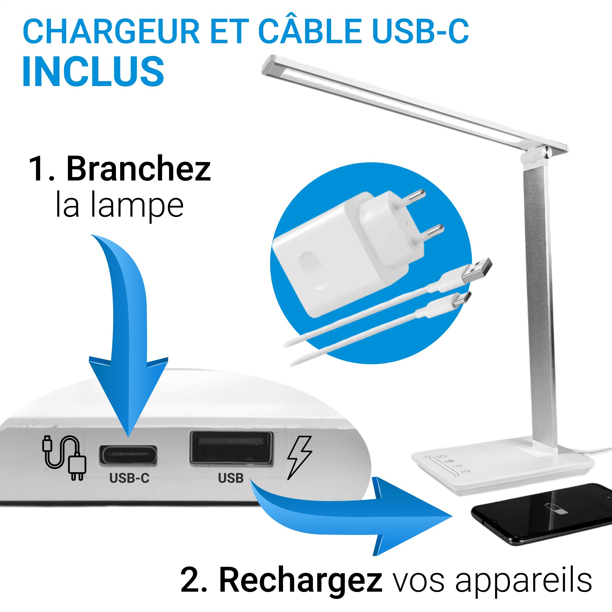 Maxter Lampe de Bureau LED Puissante - Lampe de Chevet et de Lecture Sans Fil Rechargeable (6W, 550 Lumen, Port USB, 5 Niveaux de Luminosité et 5 de Couleur, Minuterie 30 min, Mode Lecture)