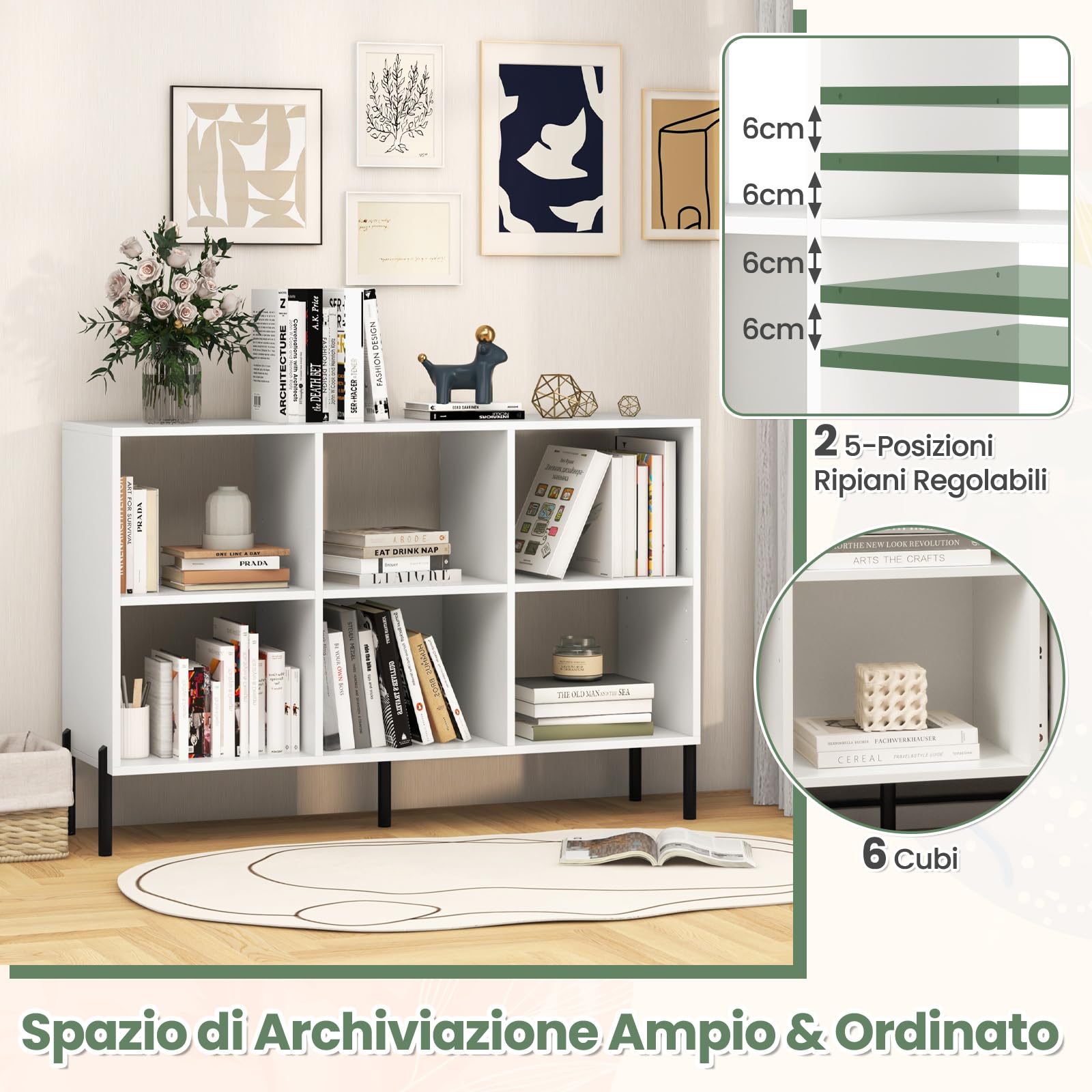 GYMAX Libreria da Parete a 5 Livelli in Legno, Scaffale Libreria a Forma di S, Salvaspazio e Multiuso per Soggiorno Salotto Casa o Ufficio (Naturale) (Bianco, 70 x 23 x 183 cm