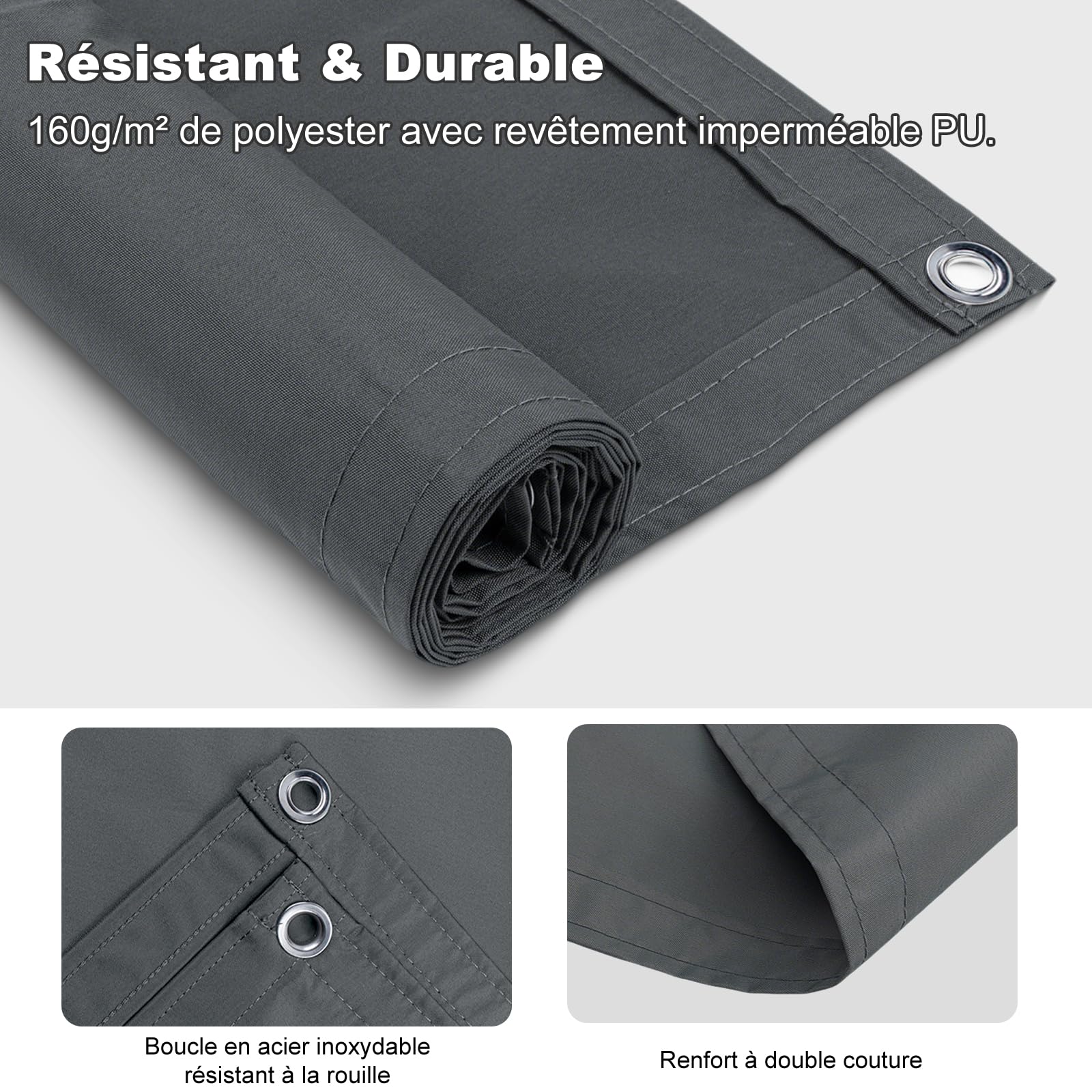 SUNNY GUARD Voile d'ombrage Imperméable 1x2m avec Oeillets Rectangulaire Toile Ombrage UV Protection pour Balcon, Patio, Jardin, Gris Anthracite