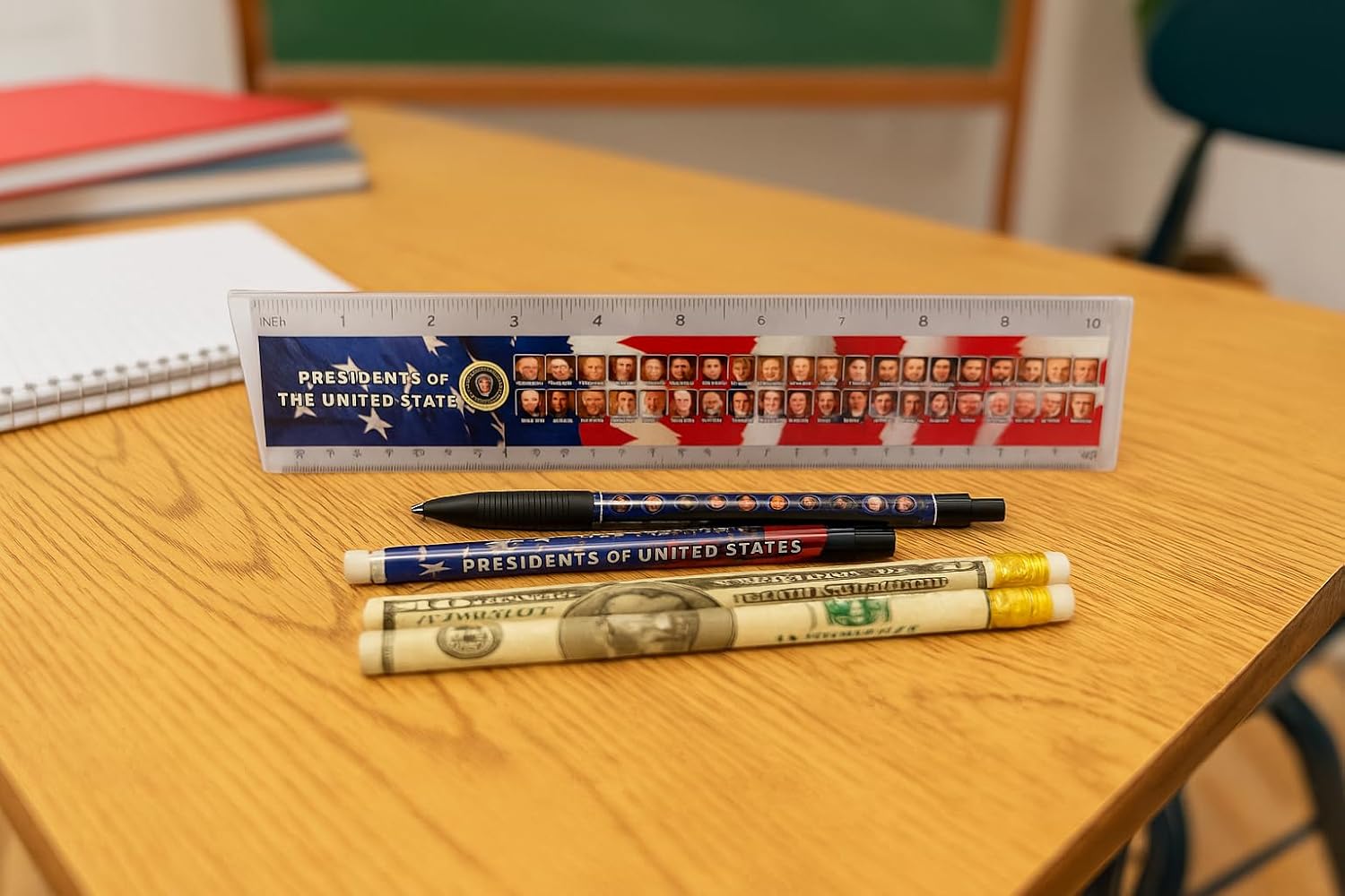 Presidents of the United States School Supply Set – Presidential Ruler, Pen & Pencil Combo with $100 and $50 Bill Design Pencils – Patriotic Educational Gift for Students, History Lovers & Collectors image 2