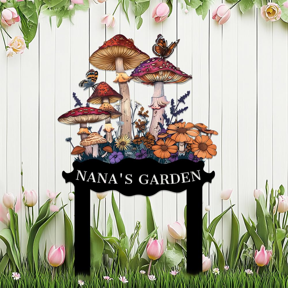 Mushroom Metal Sign Custom Garden Decor with Stake,Personalized Gardener Last Name Signs for Outside,Customized Butterfly Welcome Plaque for Gardening Gifts,Flower Ornament for Lawn Yard Porch Outdoor