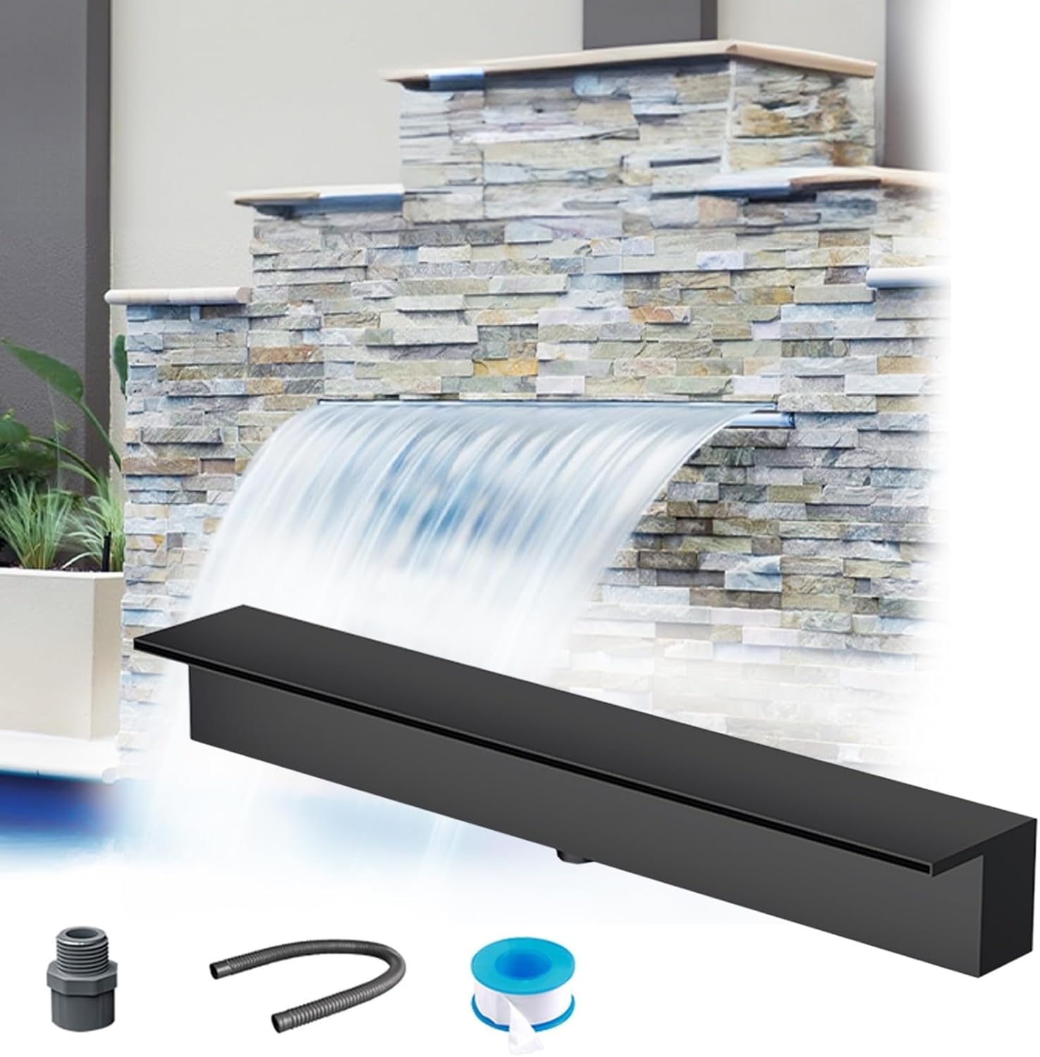 Cascata in acciaio inox per giardino e stagno, 30 cm incasso fontana, decorazione nera per terrazze e piscine