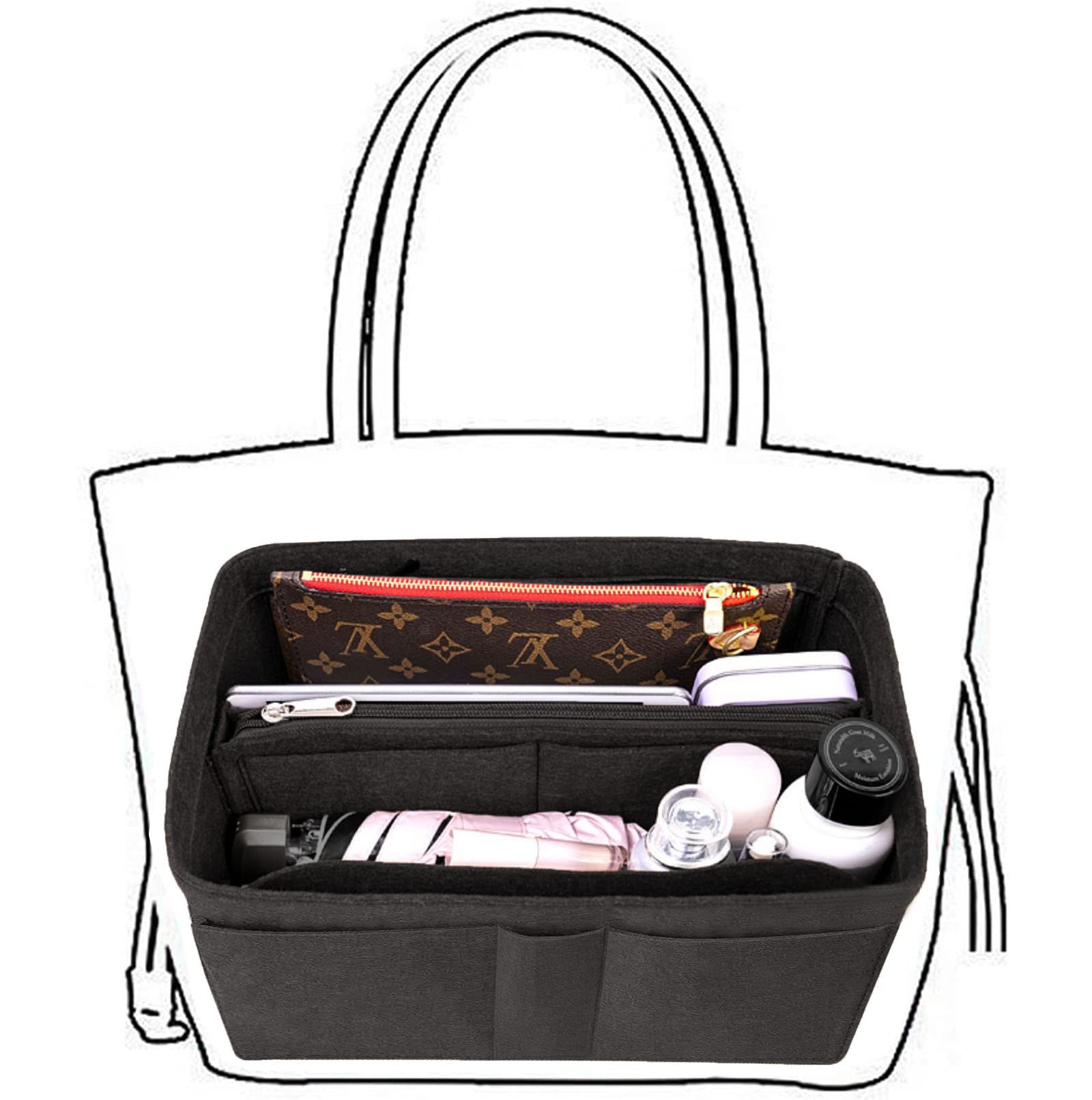 Lckaey Felt Organizer Bag Purse For Speedy Neverfull Totebag Insert with zipper 3032black-Medium