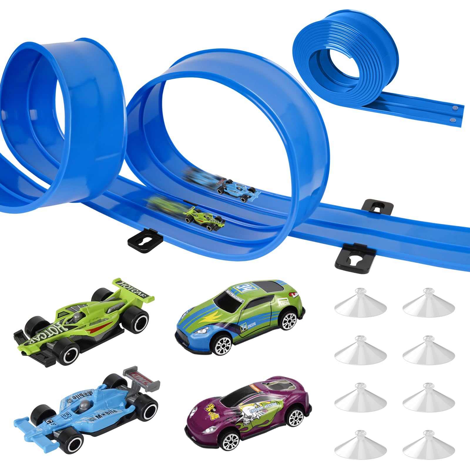 Pista Macchinine (4.5 m), Pista Macchine Flessibile, Piste Macchinine per Bambini 3 4 5 6 7 Anni, Car Track, 4 Auto In Lega Borsa Portaoggetti Regalo per Bambino e Bambine, Blu