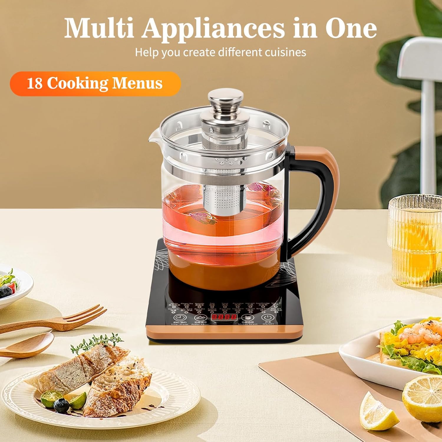 1.8L Electric Kettle 18 Menus Glass Kettle Tea Maker Machine Glass Teapot Electric Water Kettle with Temperature Control,110V,Brown