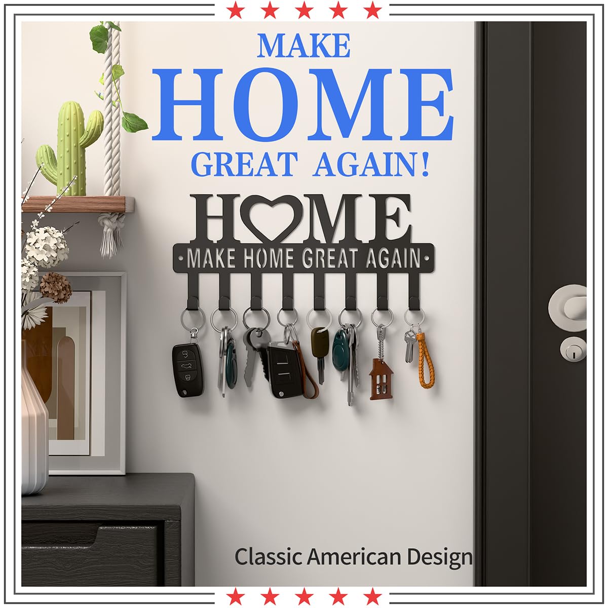 Jovirandoz Metal Key Holder for Wall, 8 Hooks Key Rack Organizer, Wall Mounted Key Hanger with Screws, Key Hooks for Entryway, Kitchen, Hallway, Office, Garage, Make Home Great Again