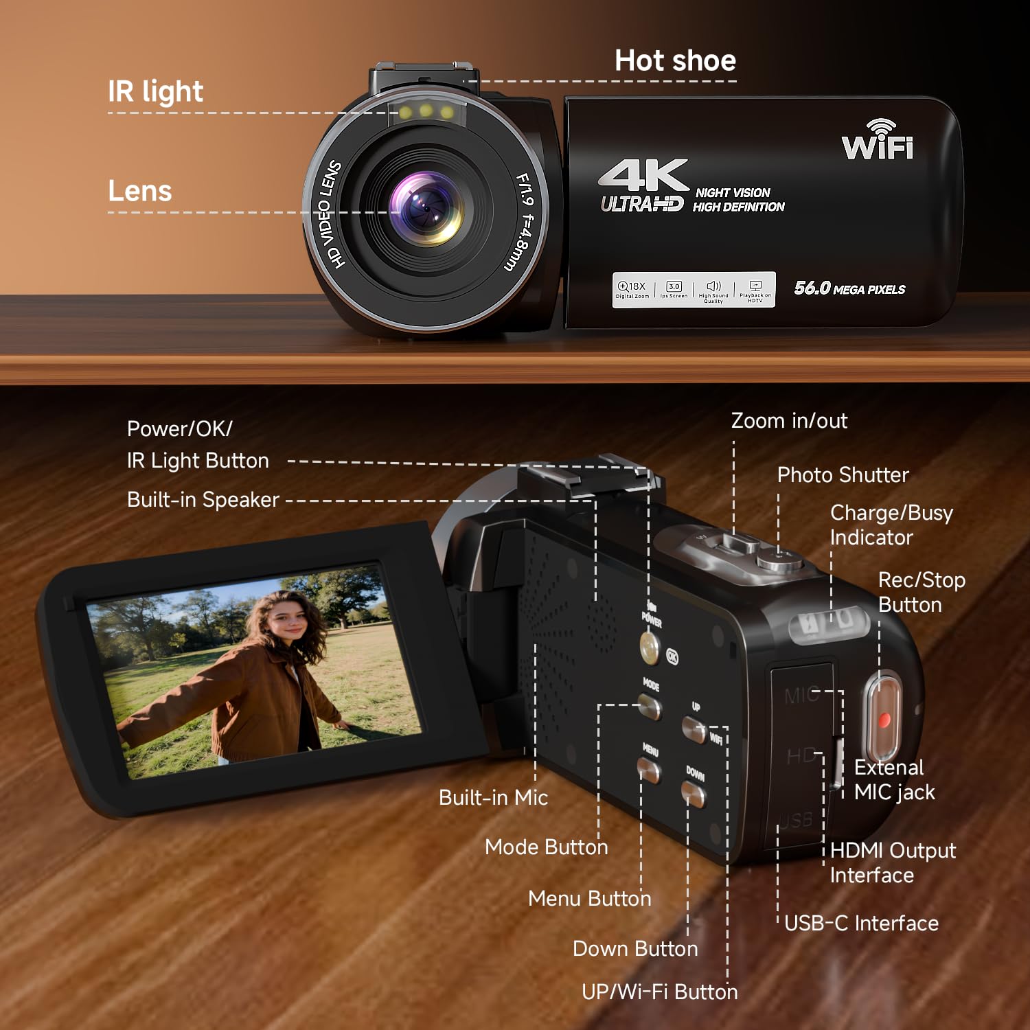 Videocamera, videocamera 4K da 56 MP, zoom 18x, rotazione a 270°, touchscreen con visione notturna a infrarossi, telecamera Wifi Vlogging per YouTube, scheda da 64 GB, anti-vibrazione, telecomando